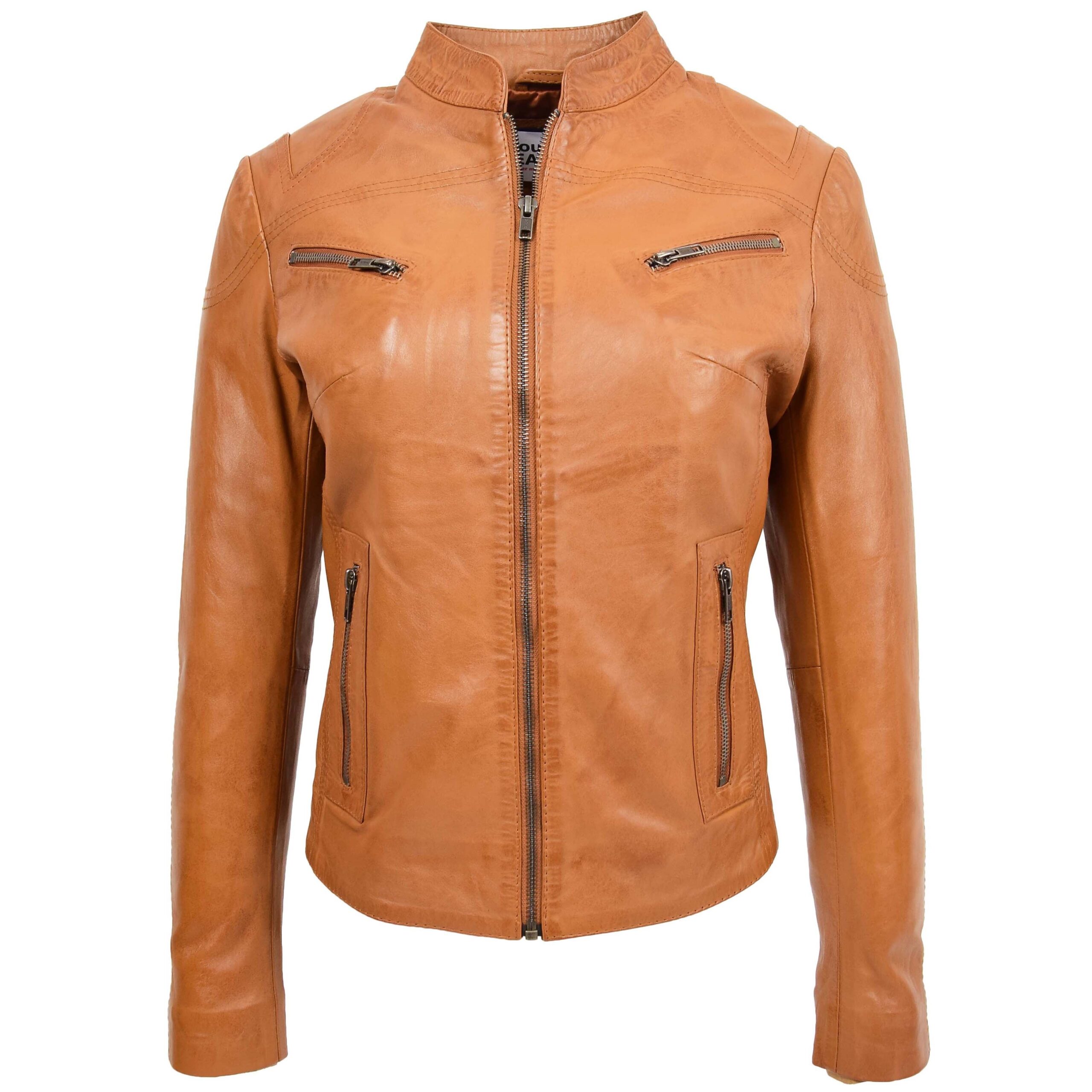 BUNERI Veste en Cuir Col Montant pour Femme Tan