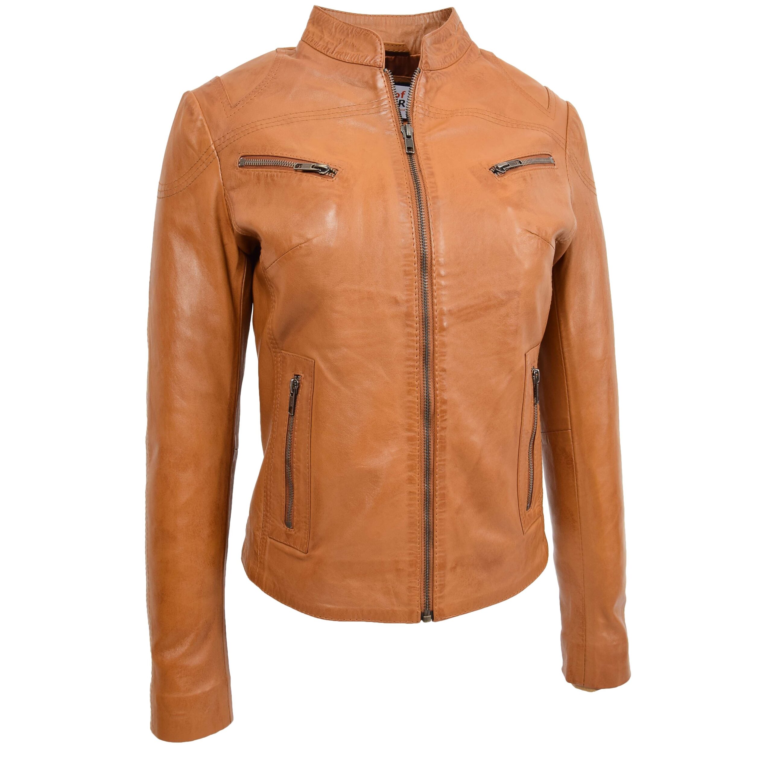 BUNERI Veste en Cuir Col Montant pour Femme Tan – Image 3