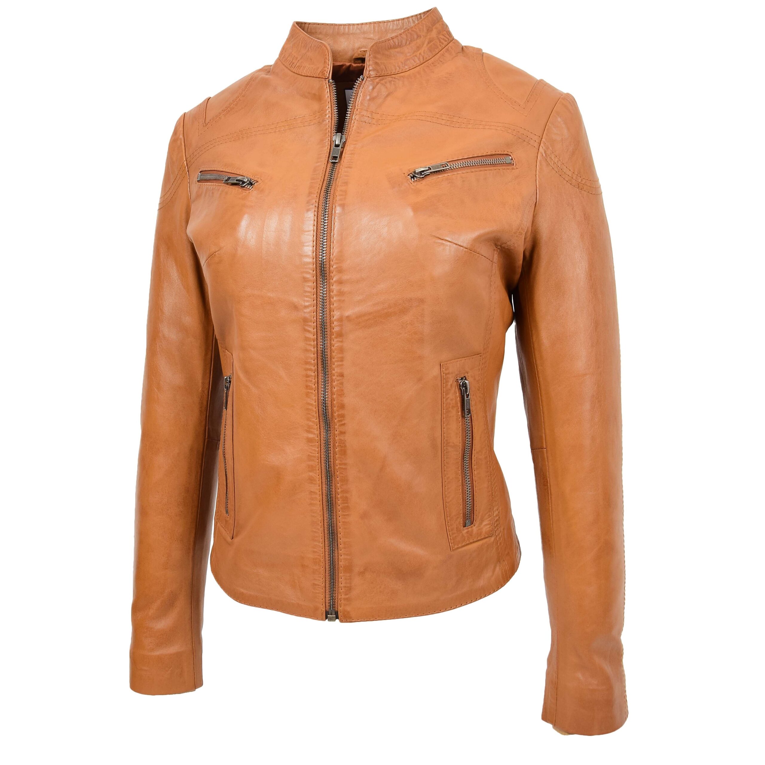 BUNERI Veste en Cuir Col Montant pour Femme Tan – Image 4