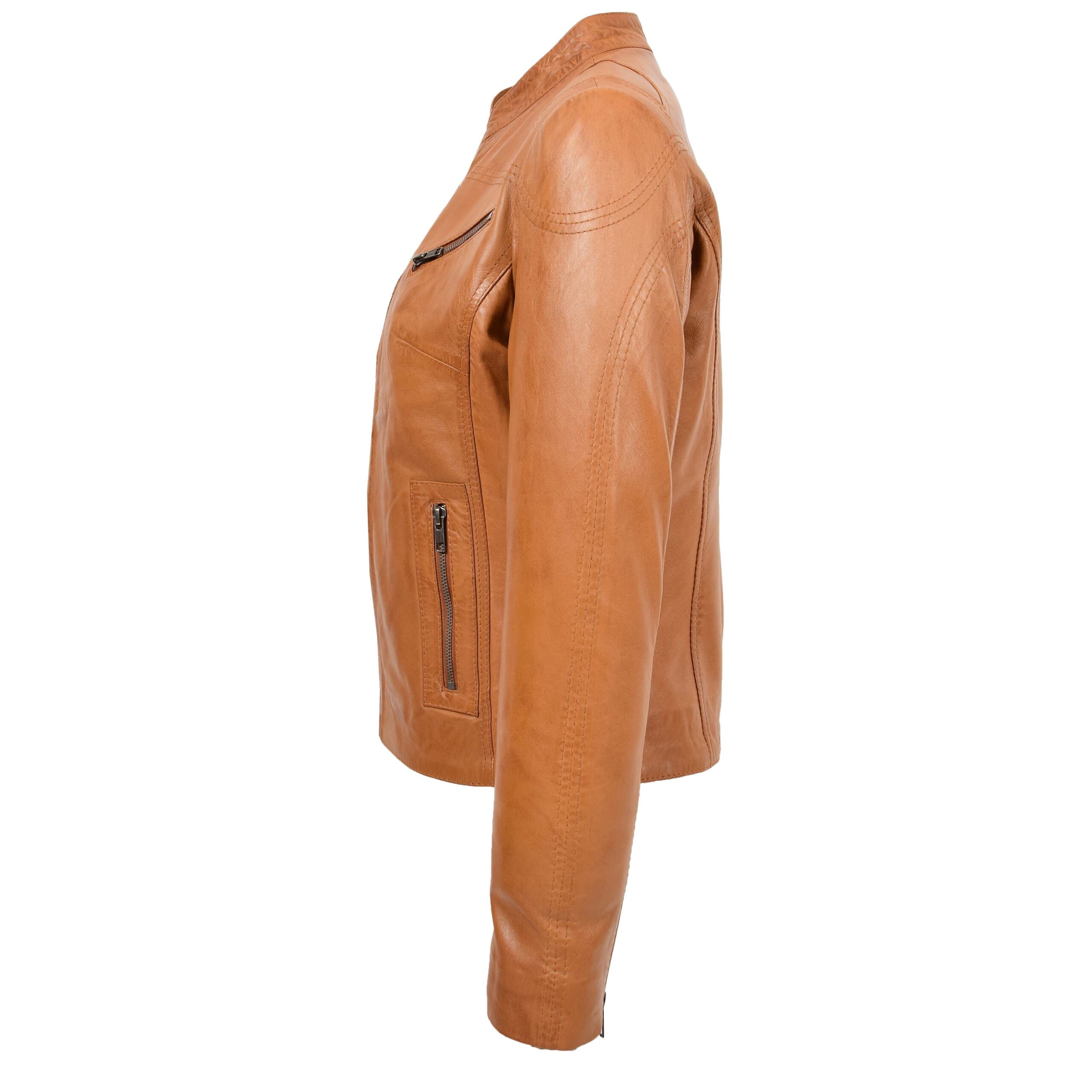 BUNERI Veste en Cuir Col Montant pour Femme Tan – Image 5