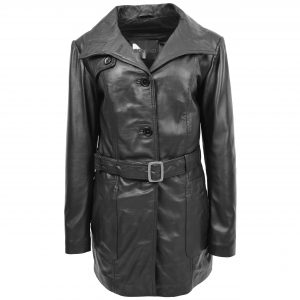 BUNERI Trench en Cuir pour Femme Shania Noir avec Ceinture