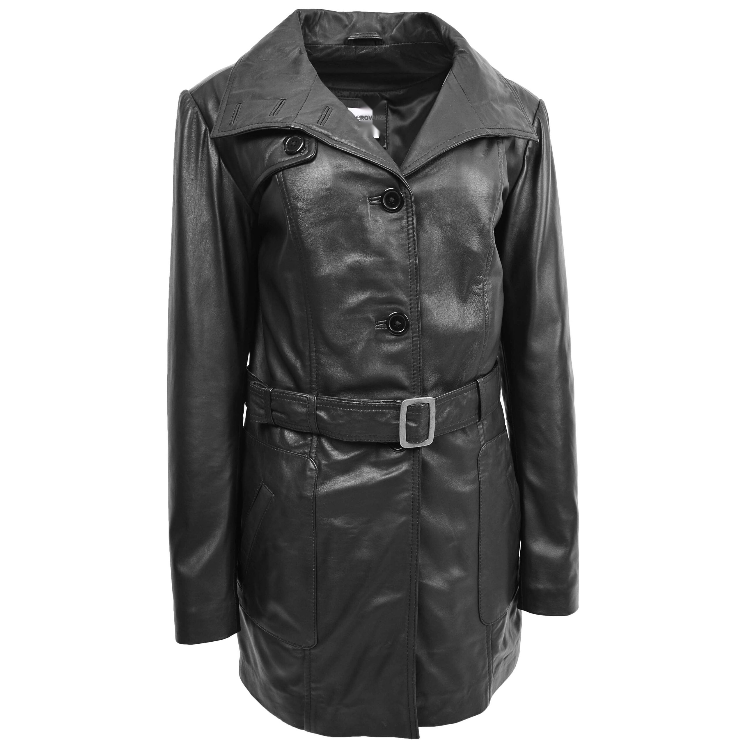 BUNERI Trench en Cuir pour Femme Shania Noir avec Ceinture – Image 3