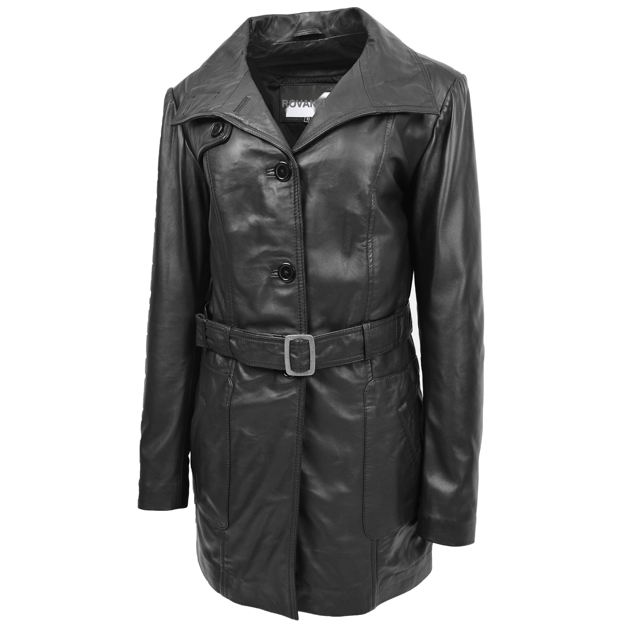 BUNERI Trench en Cuir pour Femme Shania Noir avec Ceinture – Image 4