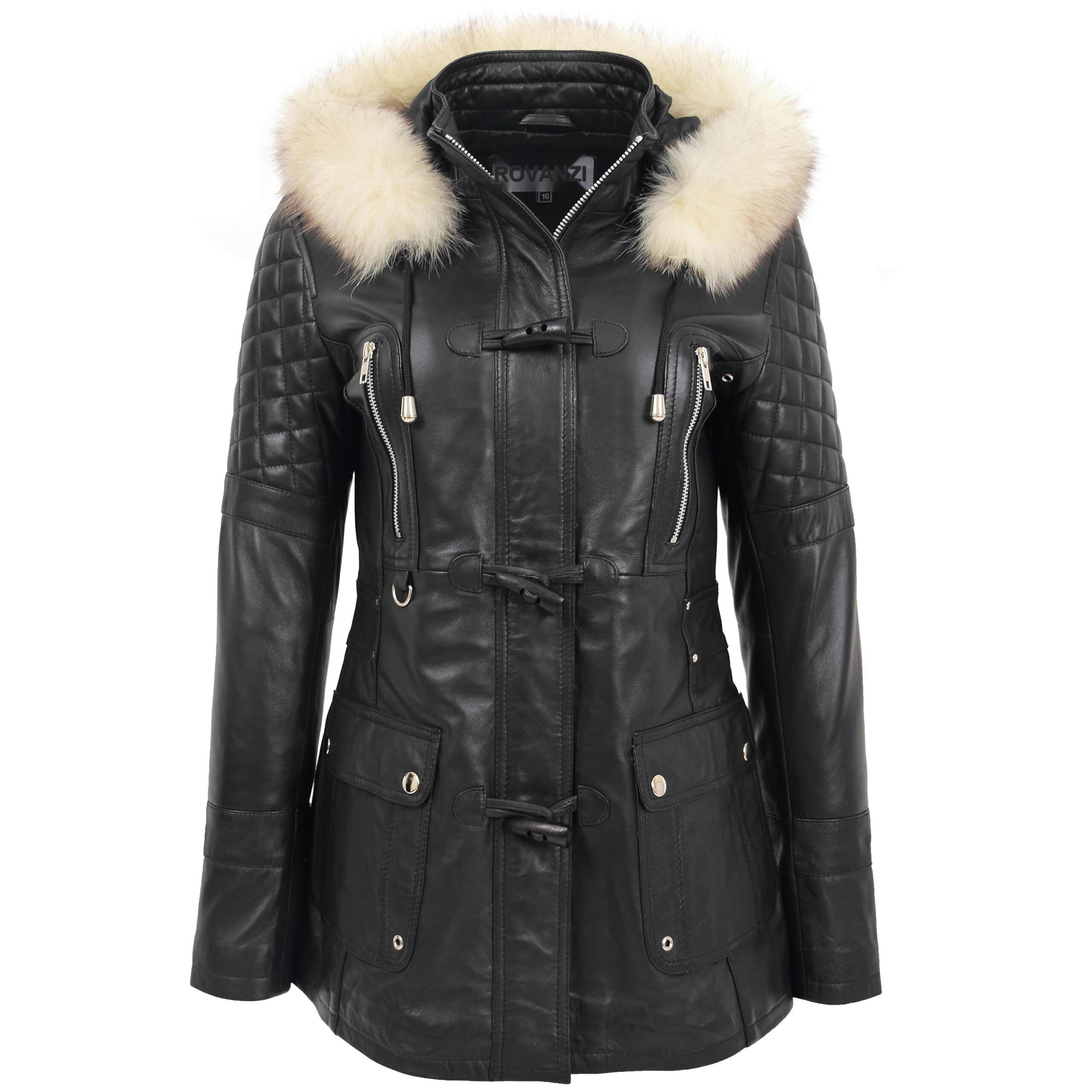 BUNERI Manteau en Cuir Style Duffle Original pour Femme Noir