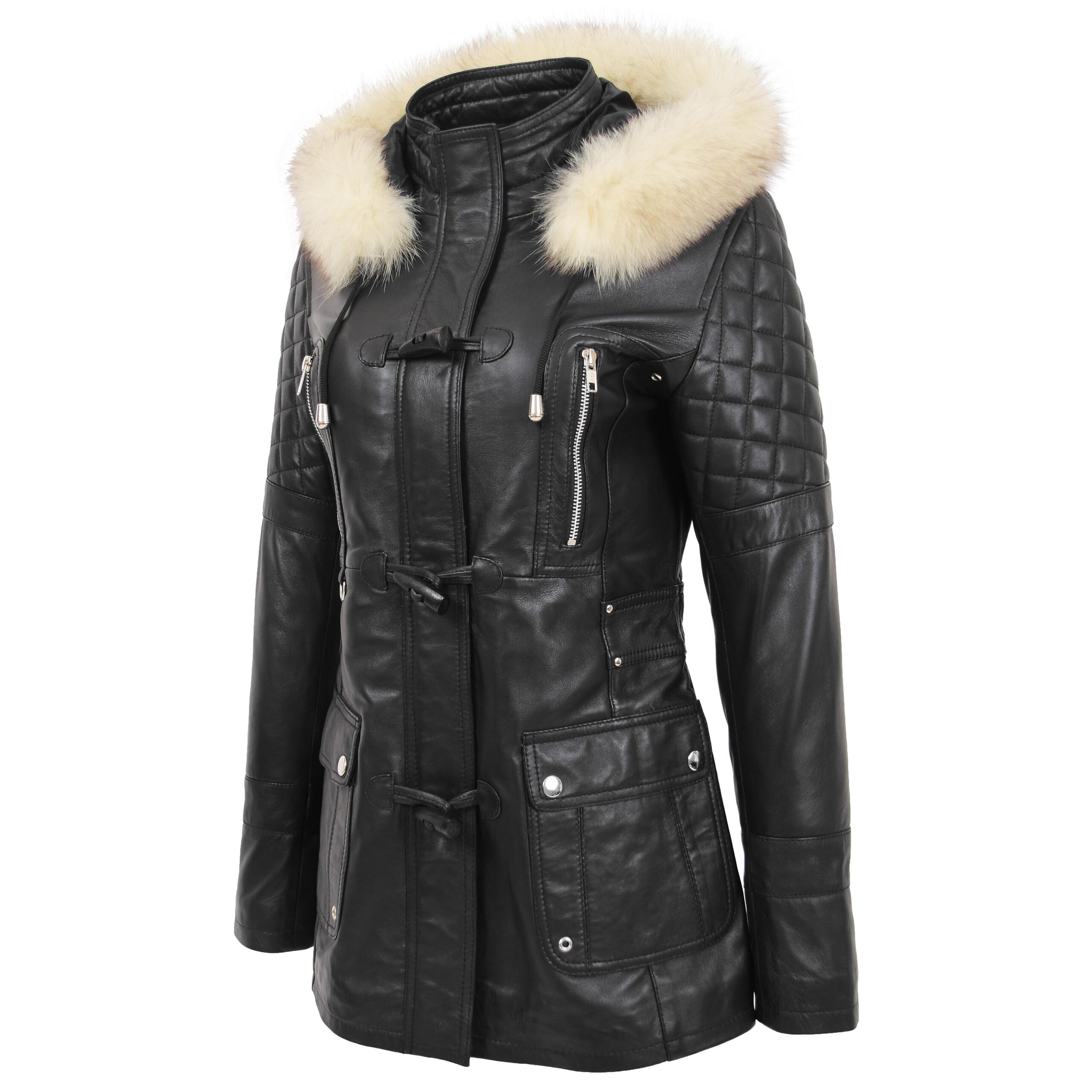 BUNERI Manteau en Cuir Style Duffle Original pour Femme Noir – Image 4