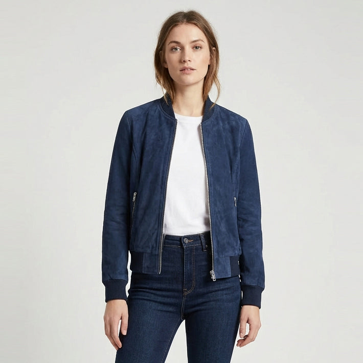 BUNERI Blouson Bomber en Daim Bleu pour Femme Style MA-1 – Image 2