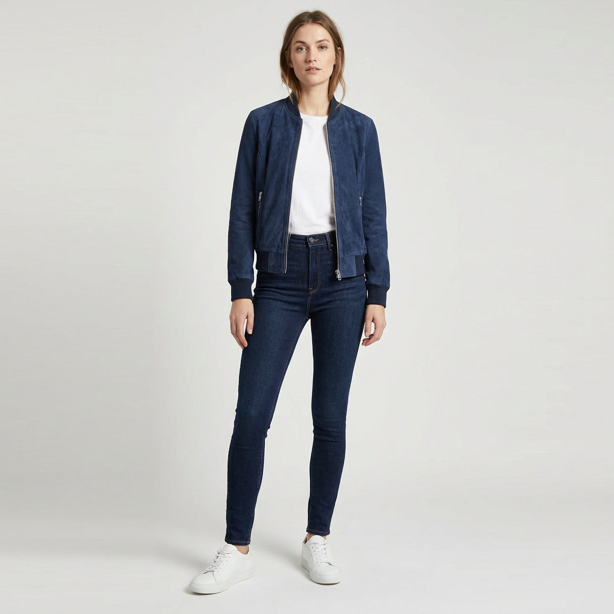 BUNERI Blouson Bomber en Daim Bleu pour Femme Style MA-1 – Image 3