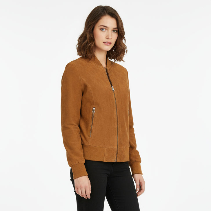 BUNERI Blouson Bomber MA-1 en Daim de Chèvre Véritable Cognac pour Femme – Image 2