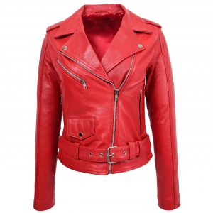 BUNERI Veste Biker en Cuir Style Brando pour Femme Rouge