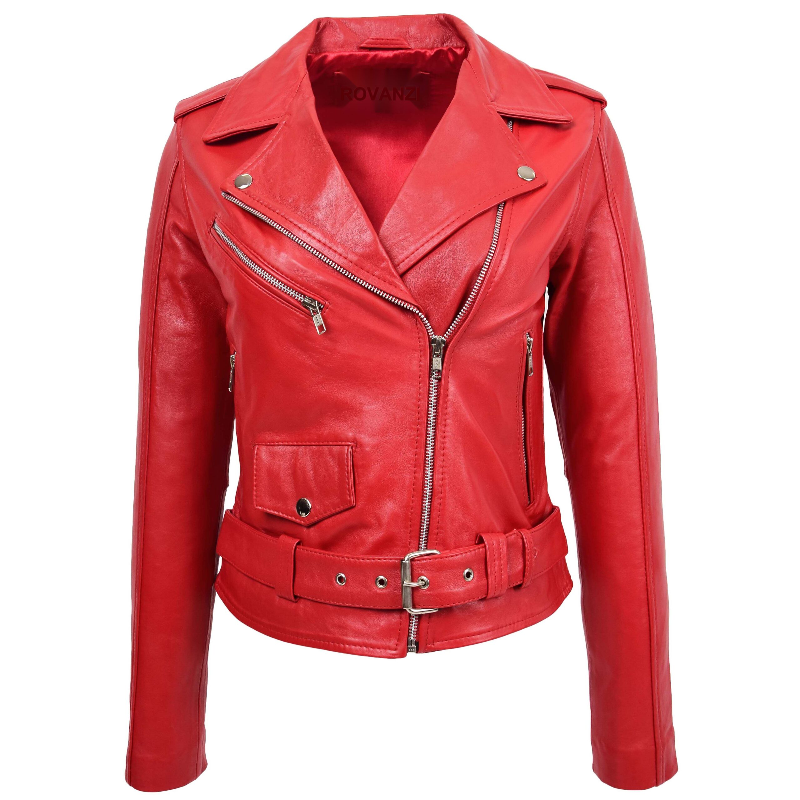 BUNERI Veste Biker en Cuir Style Brando pour Femme Rouge