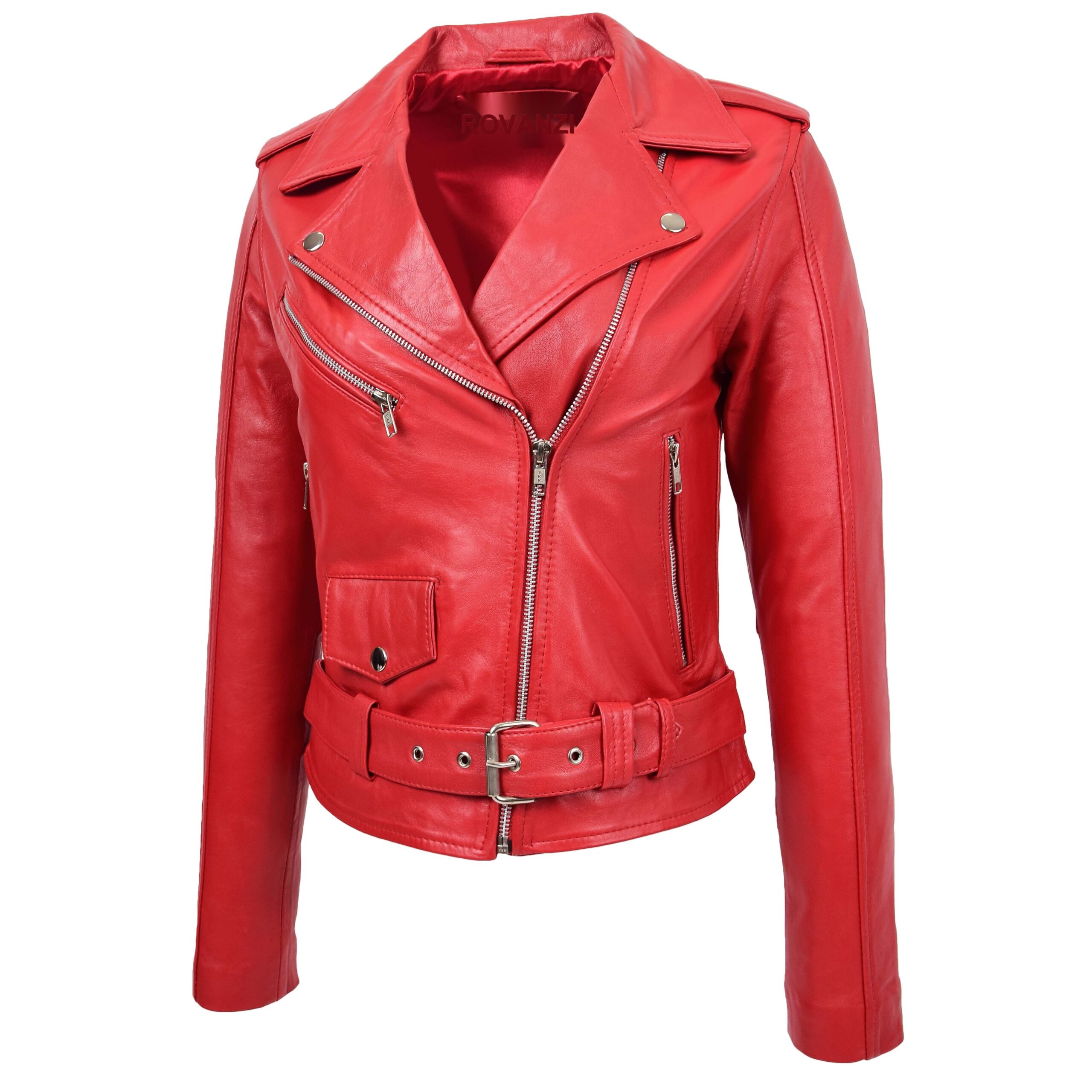 BUNERI Veste Biker en Cuir Style Brando pour Femme Rouge – Image 4