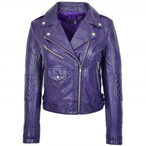 BUNERI Veste Biker Femme Cuir Veritable Zip Croise Mode Violette