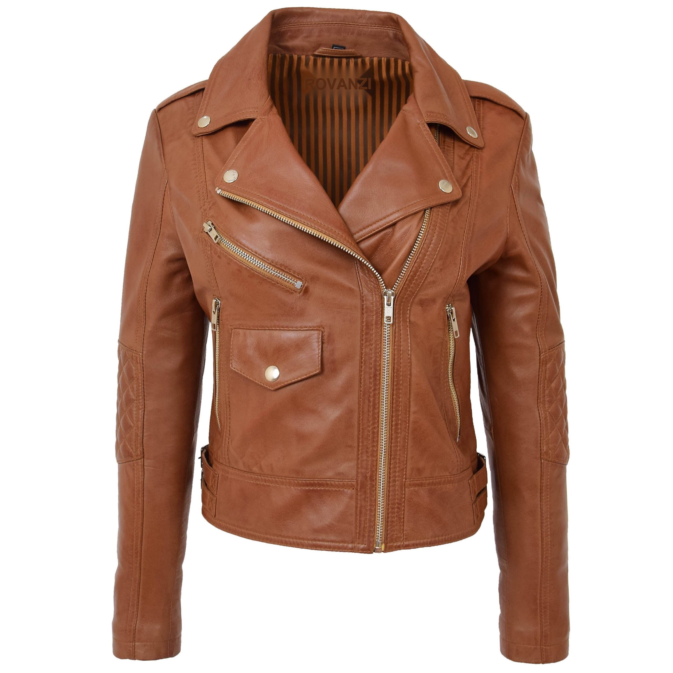 BUNERI Blouson Biker en Cuir Tan pour Femme Zip Croisé
