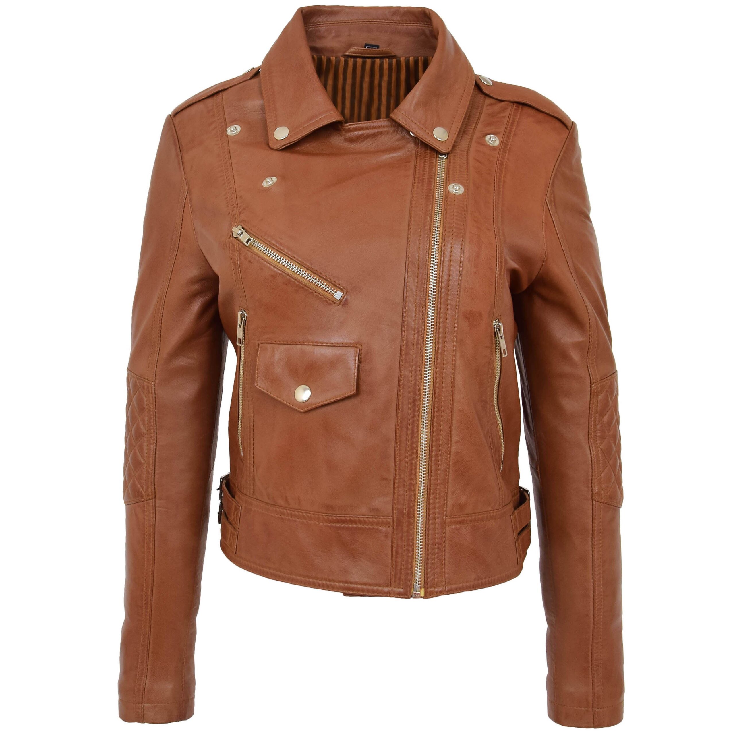 BUNERI Blouson Biker en Cuir Tan pour Femme Zip Croisé – Image 3