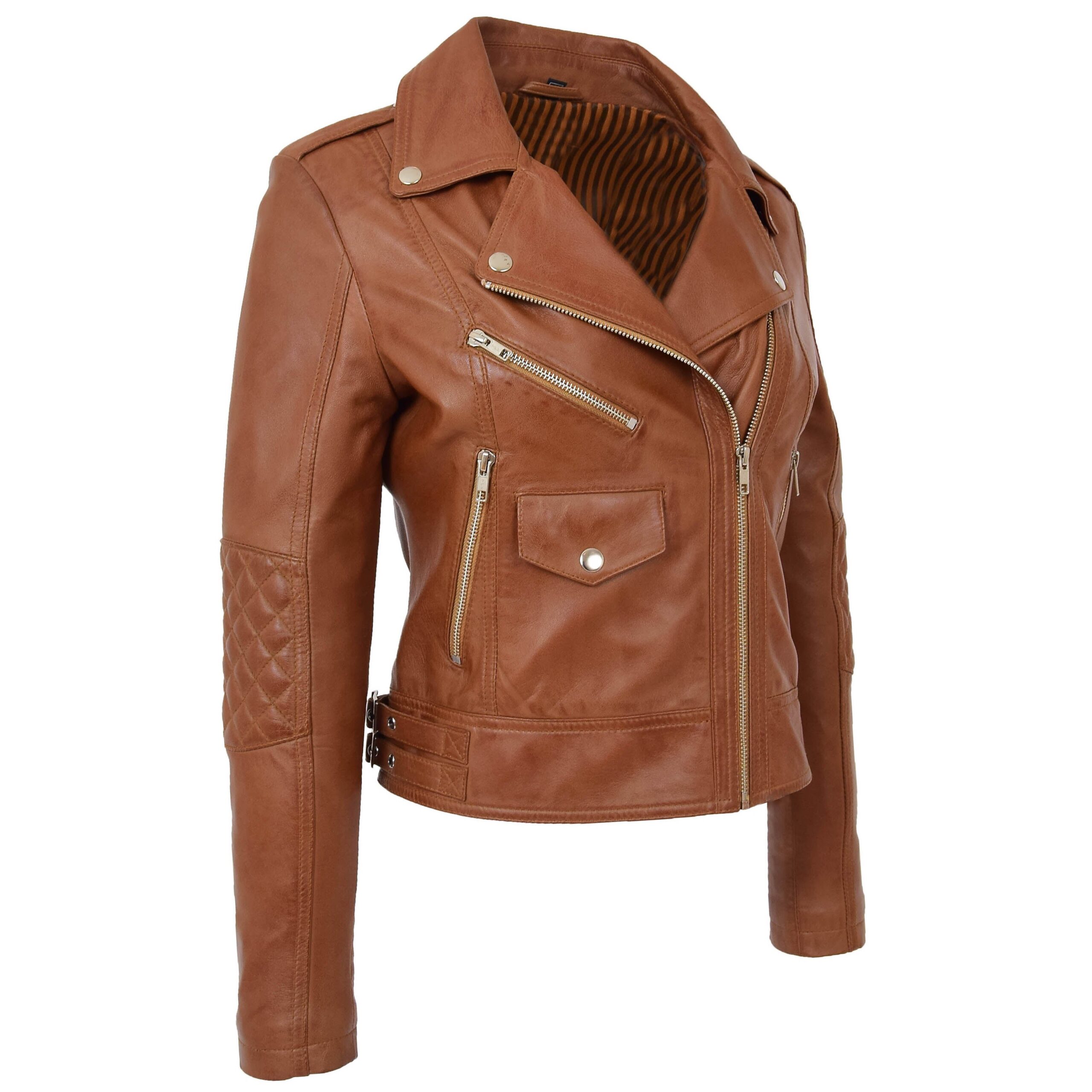 BUNERI Blouson Biker en Cuir Tan pour Femme Zip Croisé – Image 4