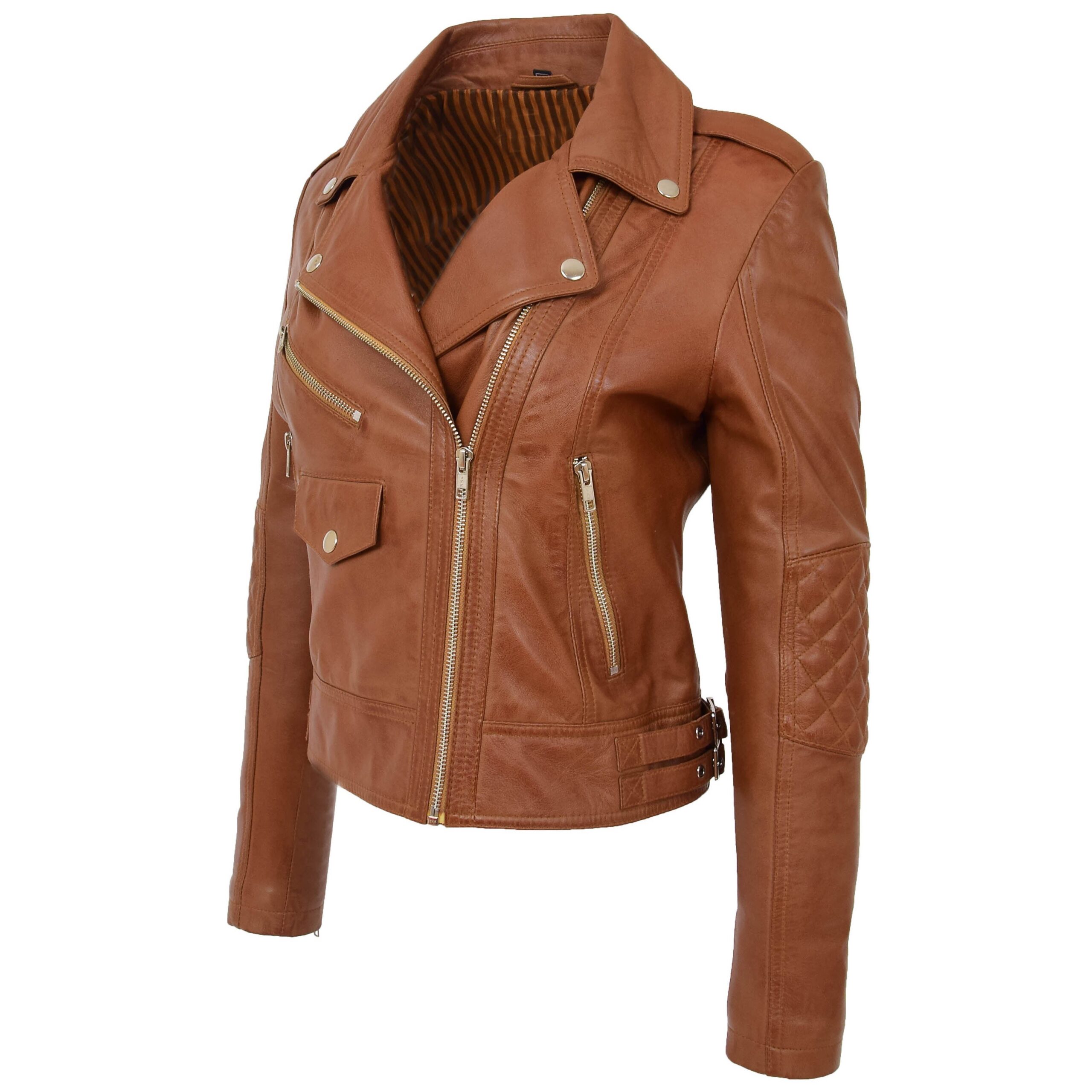 BUNERI Blouson Biker en Cuir Tan pour Femme Zip Croisé – Image 5