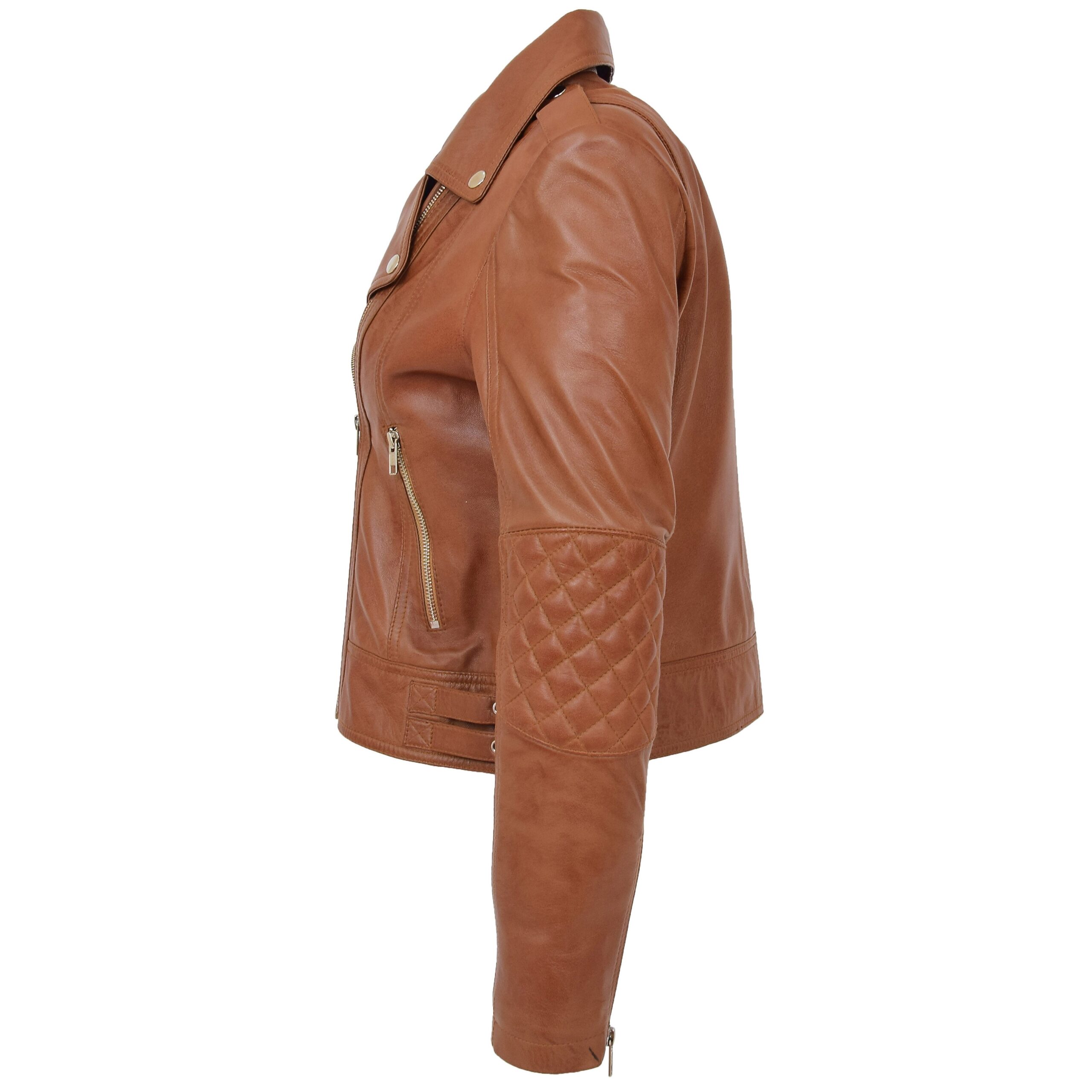 BUNERI Blouson Biker en Cuir Tan pour Femme Zip Croisé – Image 6