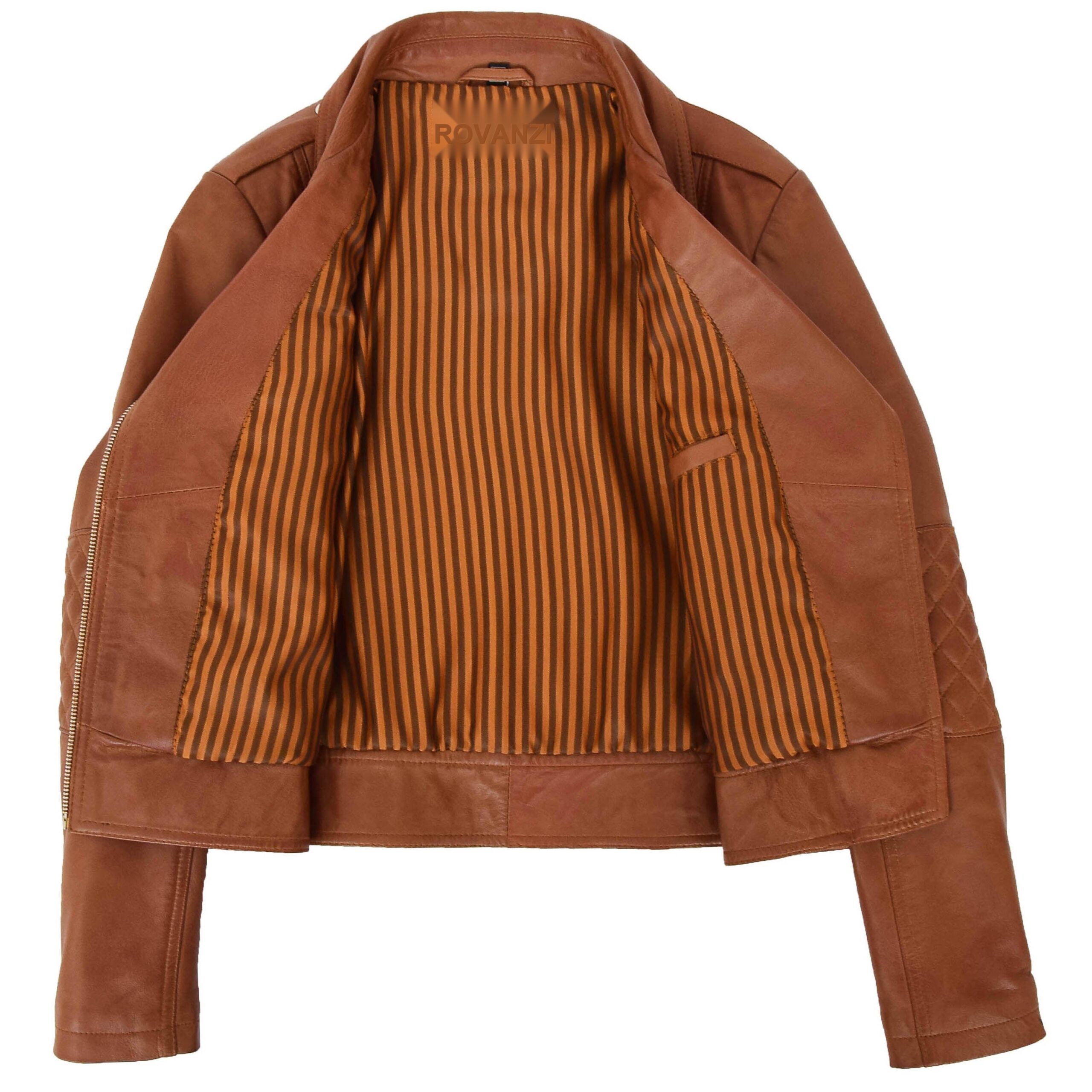 BUNERI Blouson Biker en Cuir Tan pour Femme Zip Croisé – Image 7