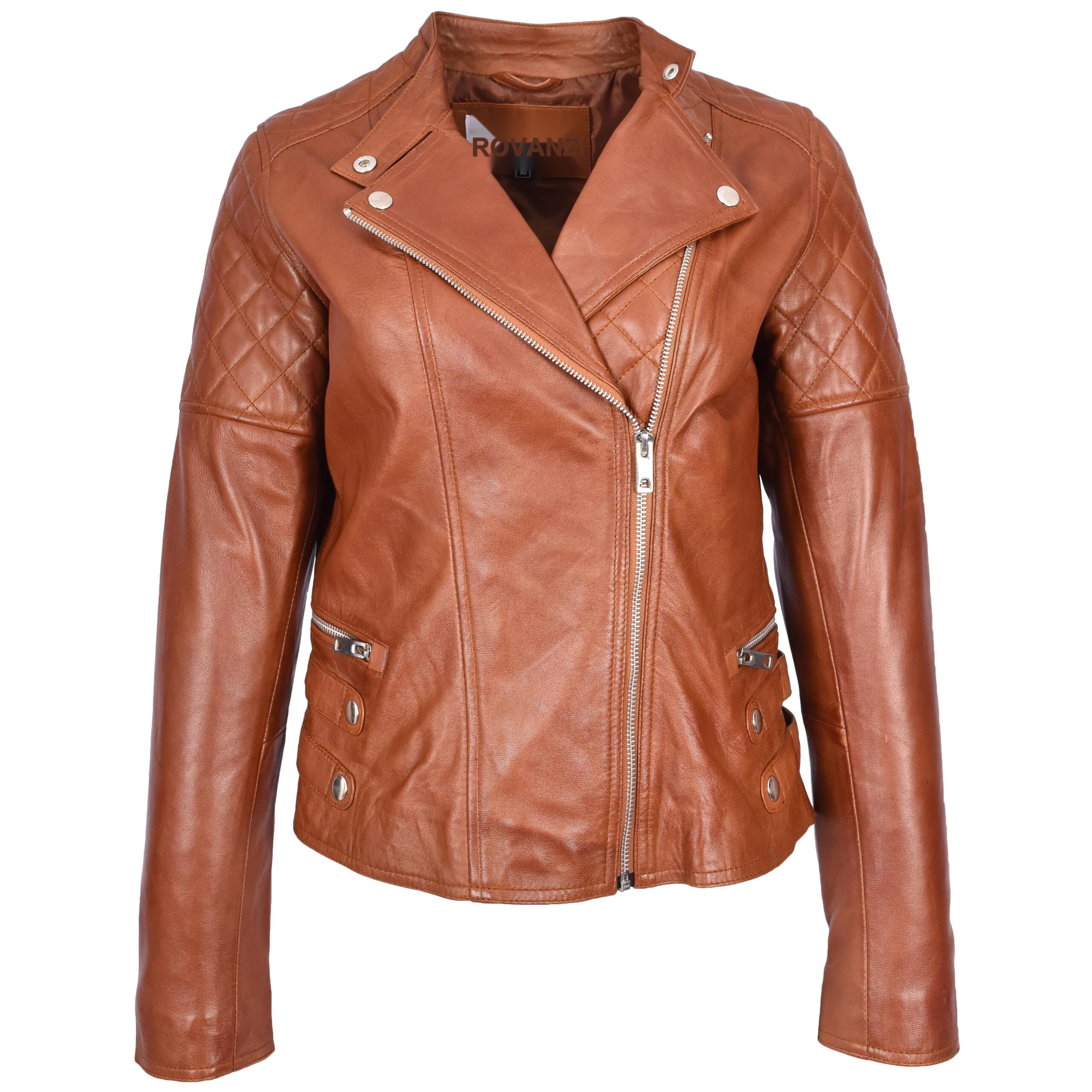 BUNERI Veste Femme Vrai Cuir Biker Style Cross-Zip Classique Chataigne