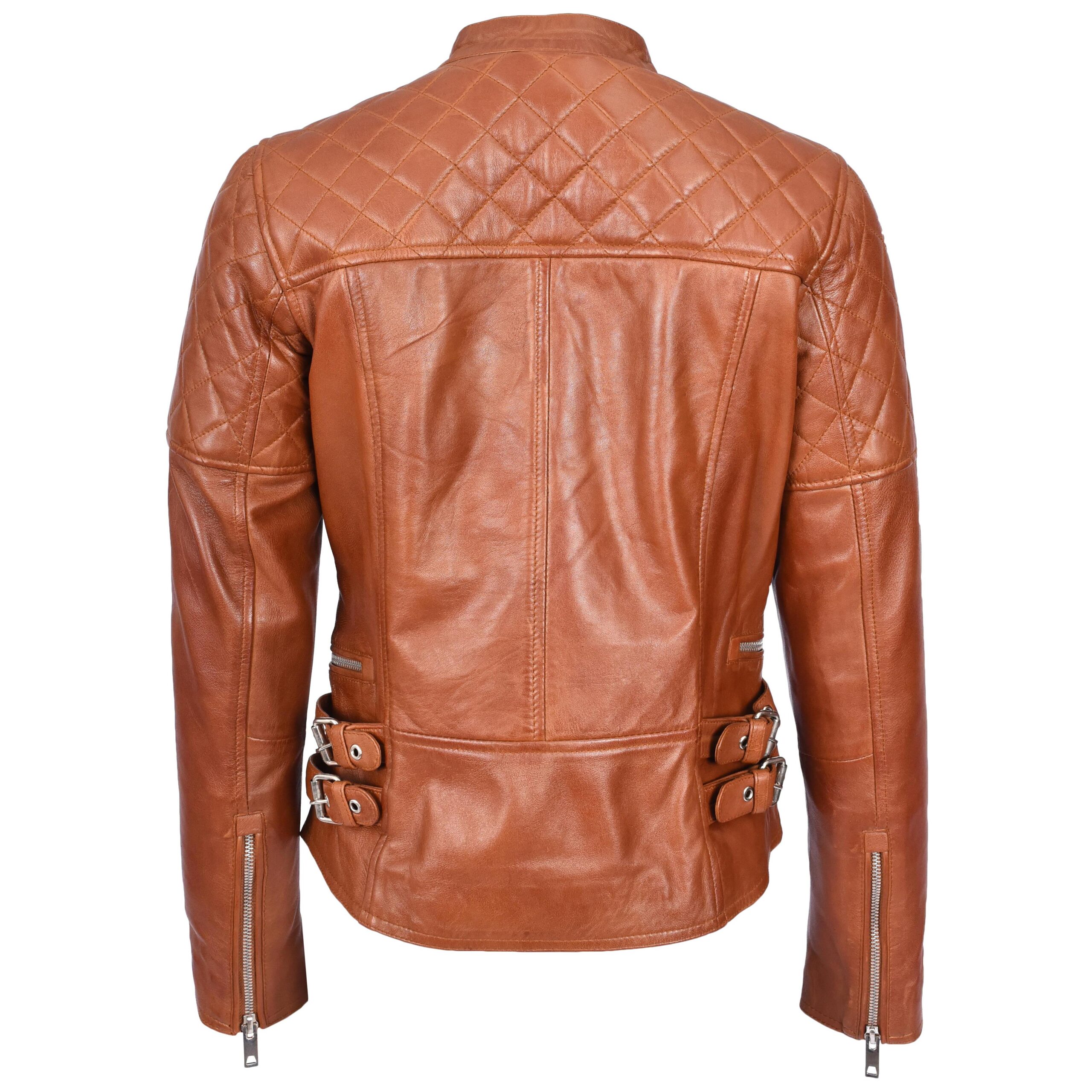 BUNERI Veste Femme Vrai Cuir Biker Style Cross-Zip Classique Chataigne – Image 2