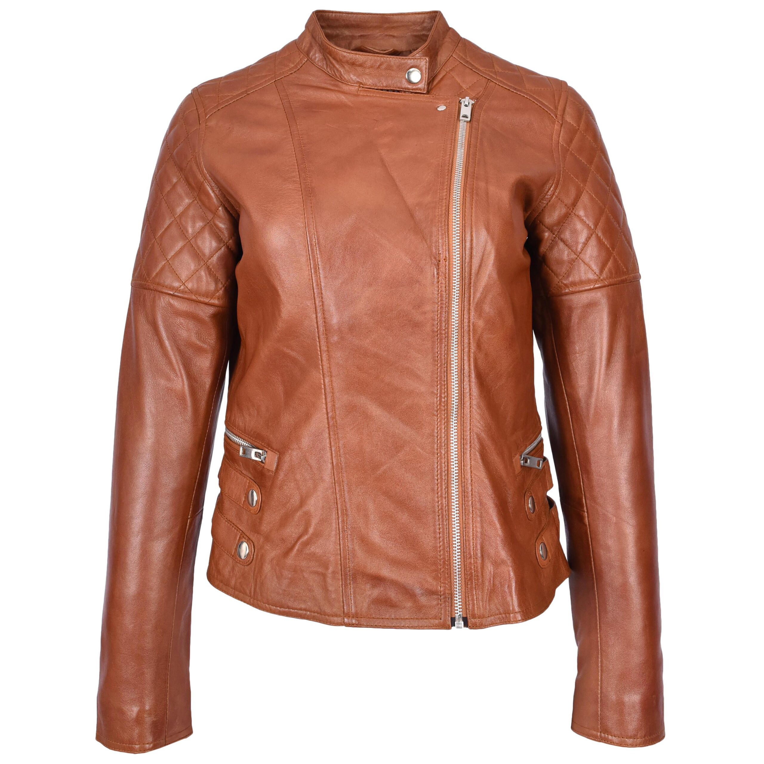 BUNERI Veste Femme Vrai Cuir Biker Style Cross-Zip Classique Chataigne – Image 3