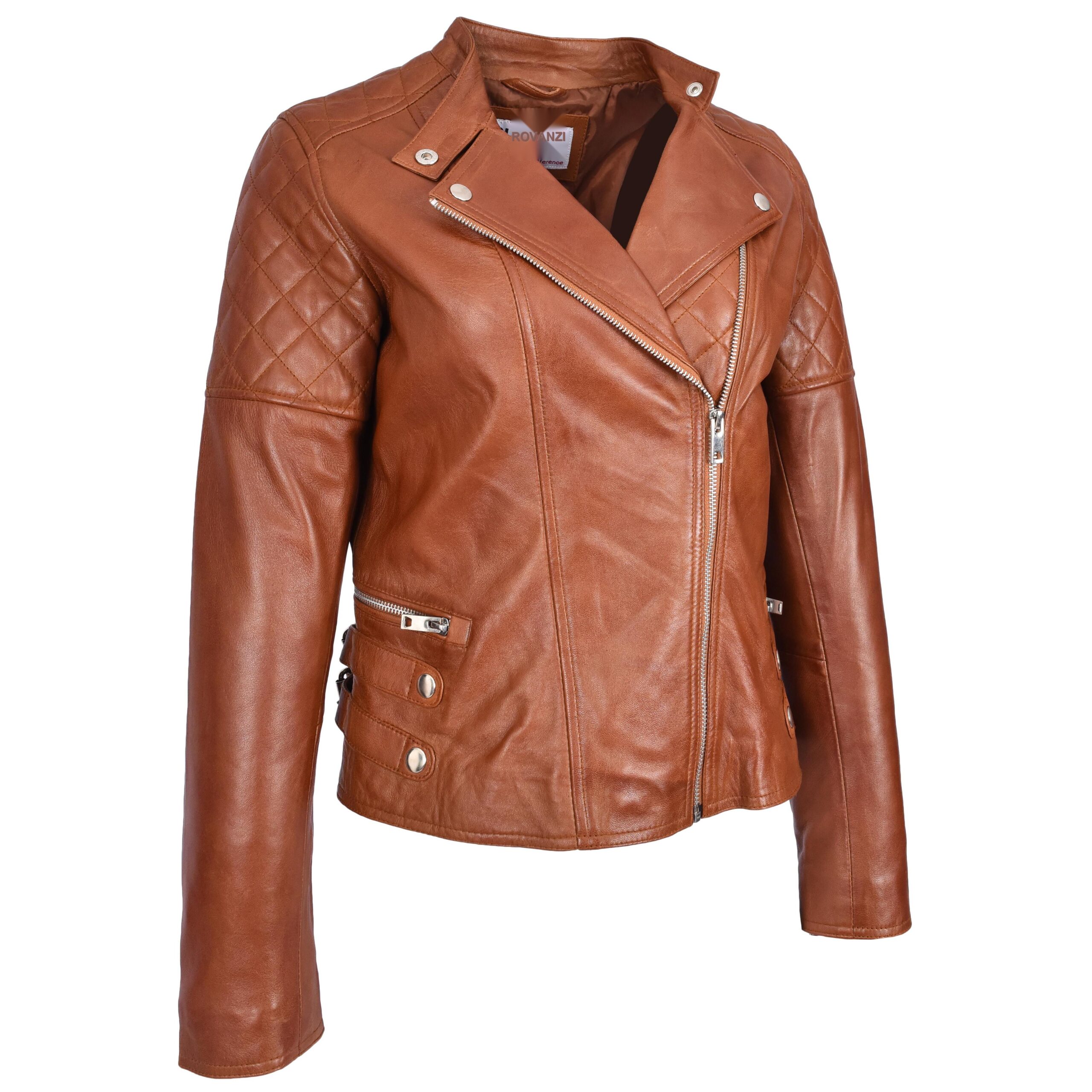 BUNERI Veste Femme Vrai Cuir Biker Style Cross-Zip Classique Chataigne – Image 4