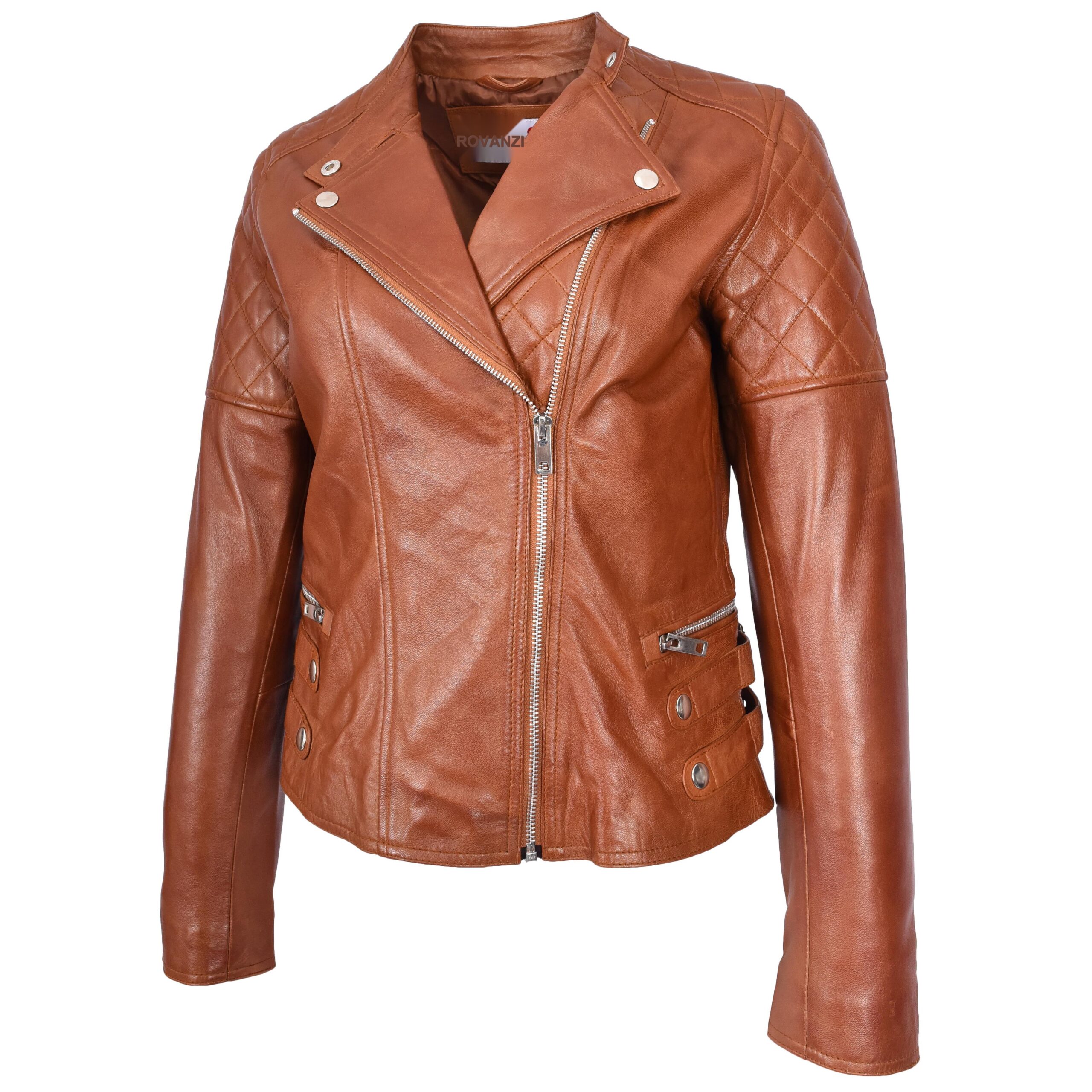 BUNERI Veste Femme Vrai Cuir Biker Style Cross-Zip Classique Chataigne – Image 5