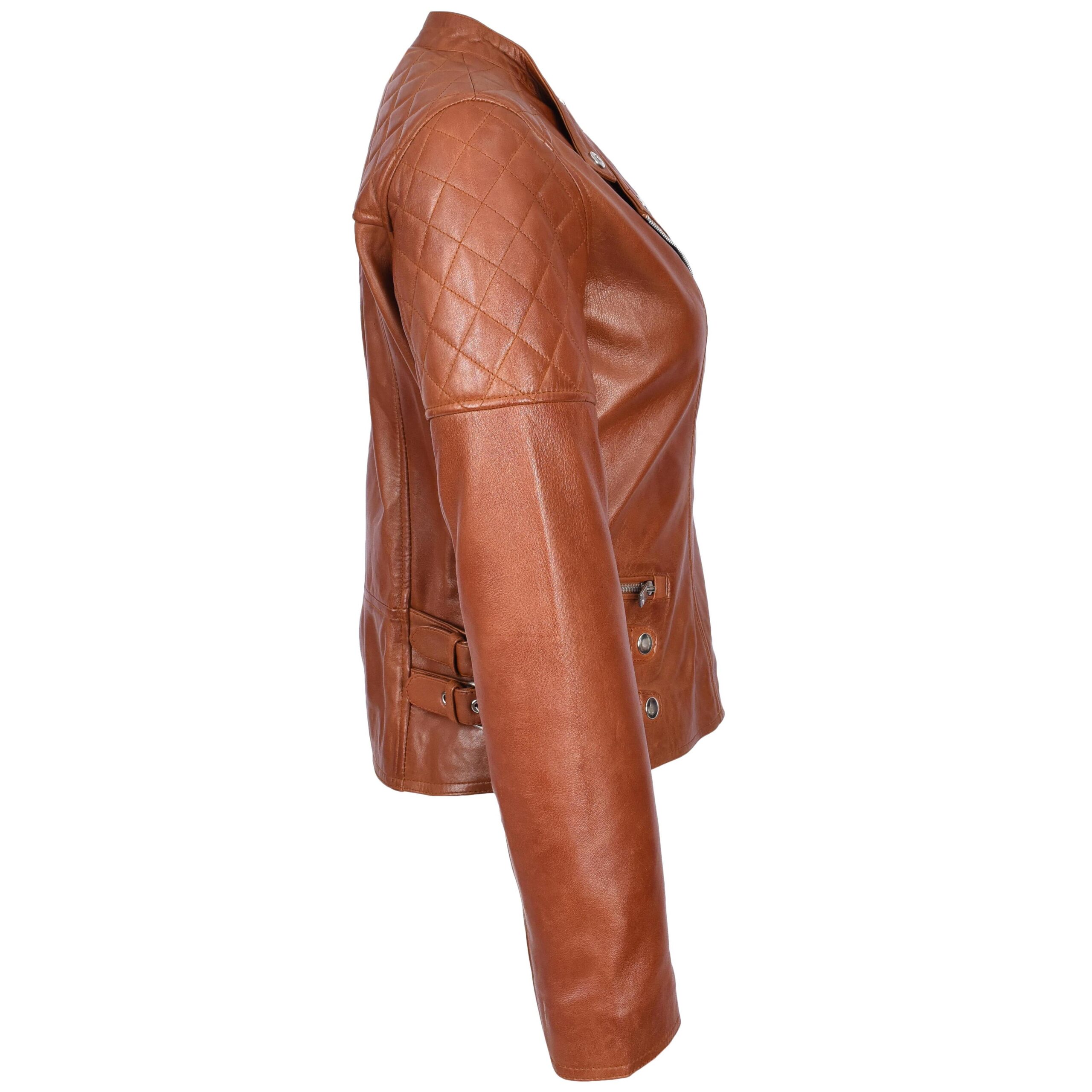 BUNERI Veste Femme Vrai Cuir Biker Style Cross-Zip Classique Chataigne – Image 6