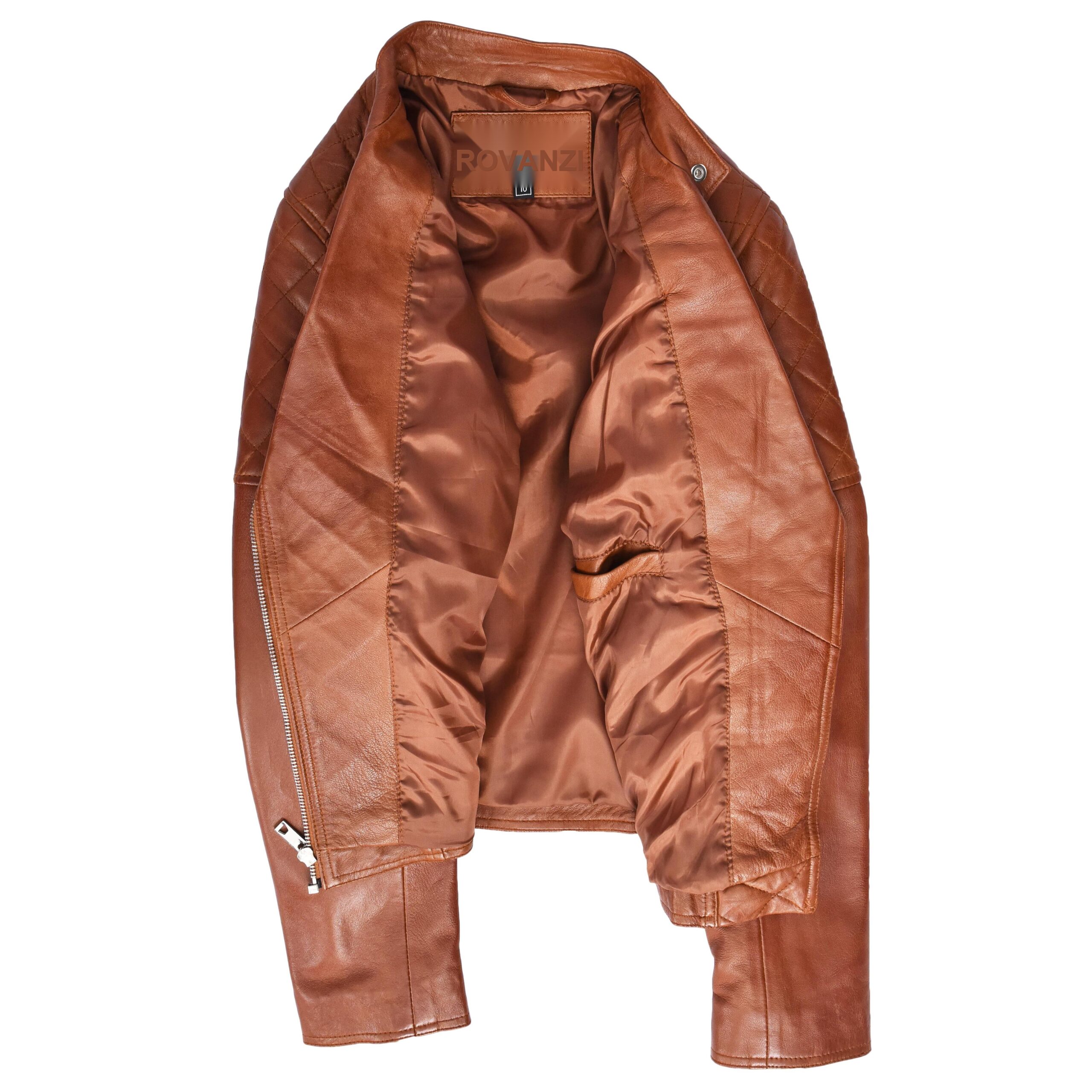 BUNERI Veste Femme Vrai Cuir Biker Style Cross-Zip Classique Chataigne – Image 7
