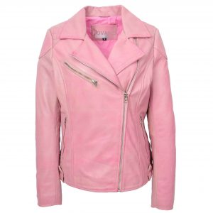 BUNERI Cerise Veste Biker Femme Cuir Veritable Zip Croise Poches