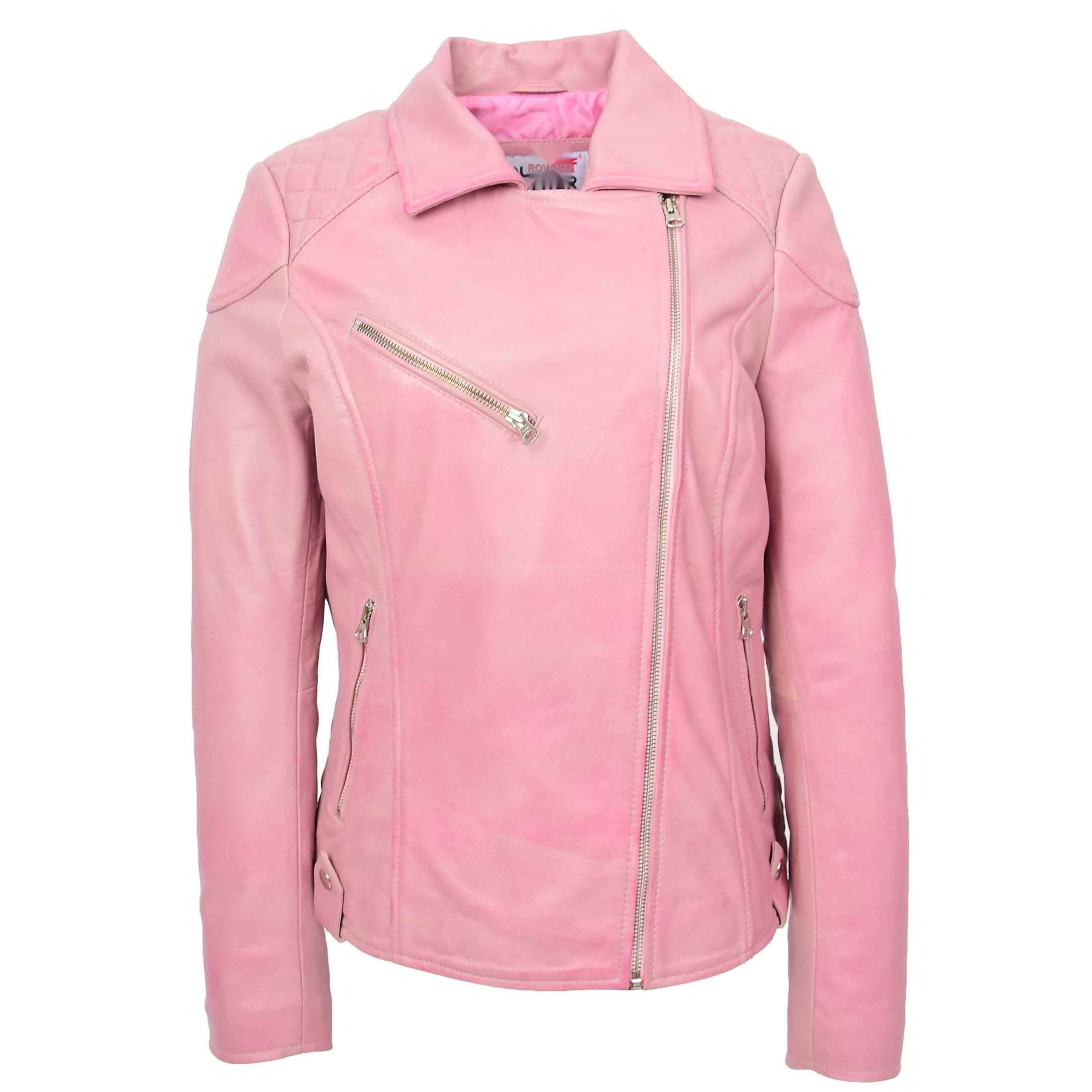 BUNERI Cerise Veste Biker Femme Cuir Veritable Zip Croise Poches – Image 4