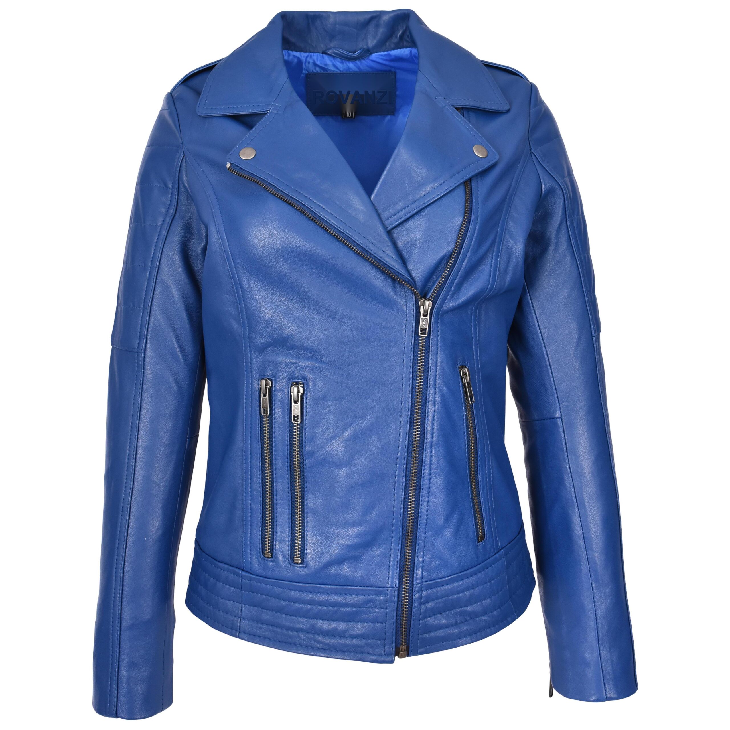 BUNERI Veste Biker en Cuir Véritable pour Femme Style Cross Zip Bleue