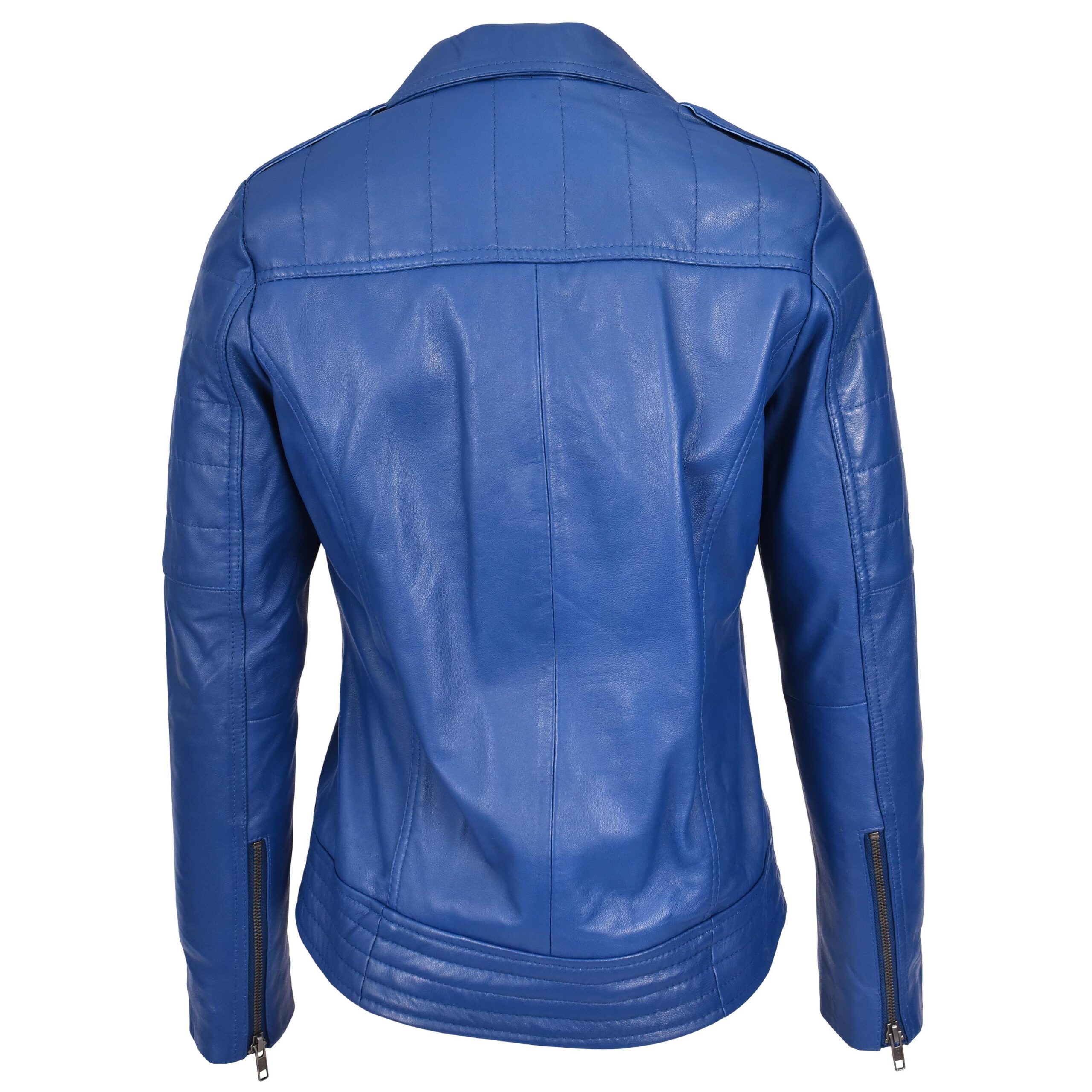 BUNERI Veste Biker en Cuir Véritable pour Femme Style Cross Zip Bleue – Image 2