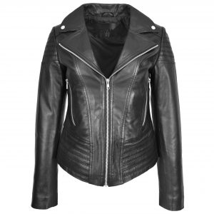 BUNERI Veste Biker Femme Vraie Cuir Tendance Ajustee Casual Noire