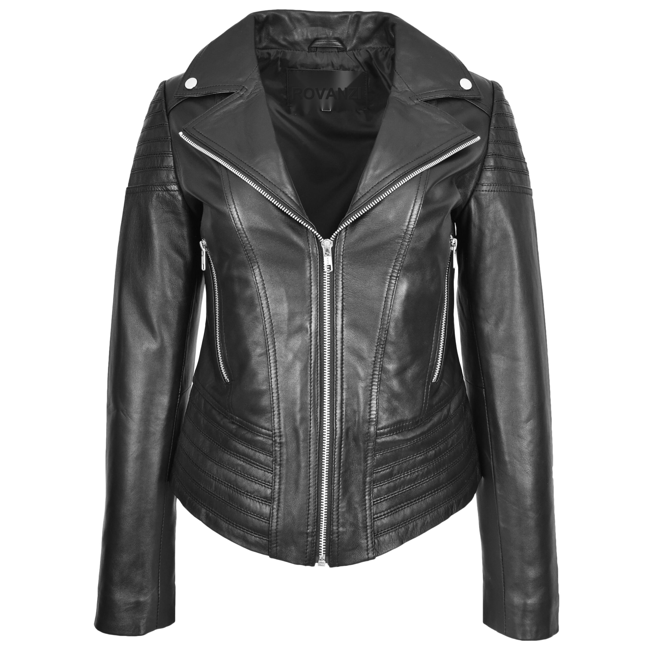 BUNERI Veste Biker Femme Vraie Cuir Tendance Ajustee Casual Noire