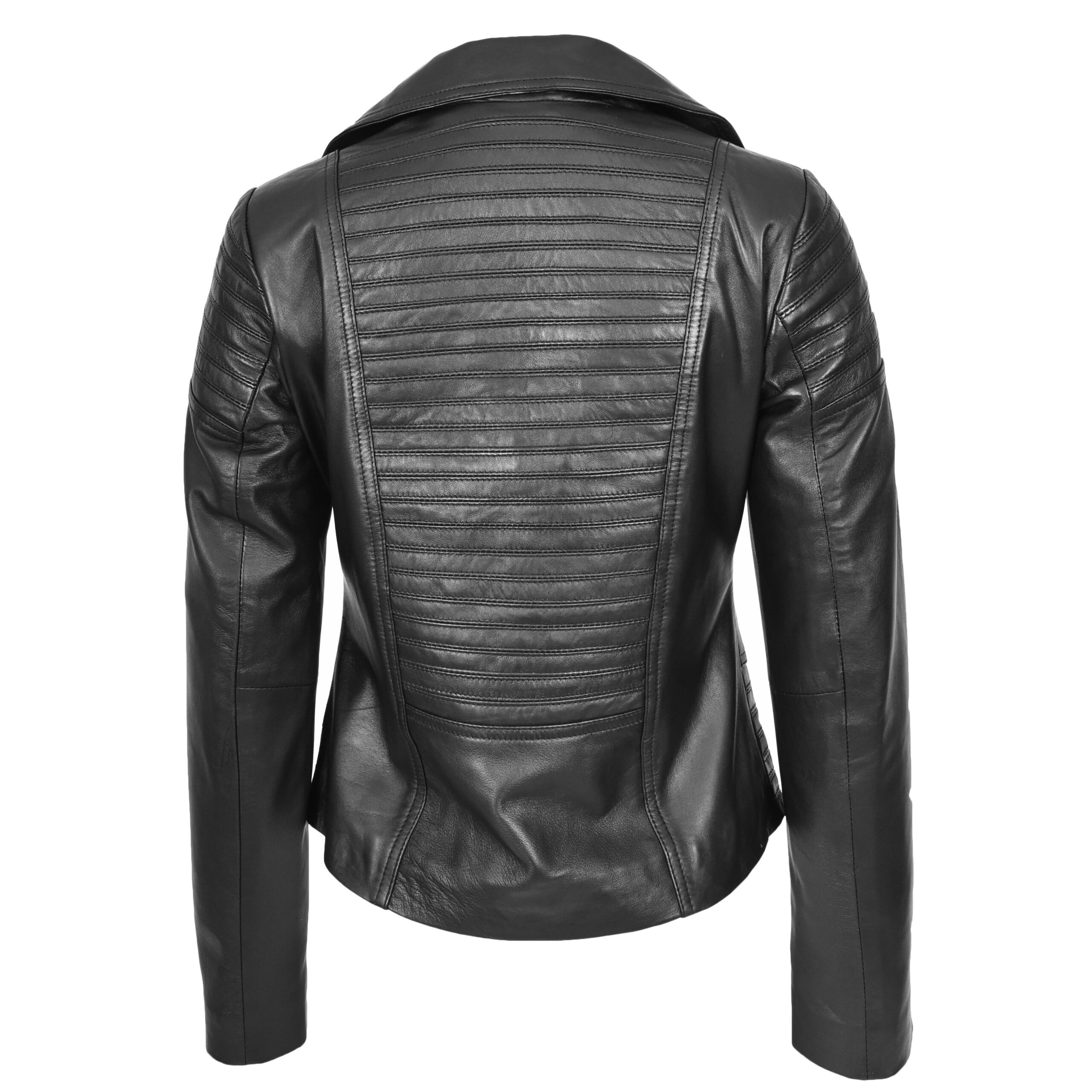 BUNERI Veste Biker Femme Vraie Cuir Tendance Ajustee Casual Noire – Image 2