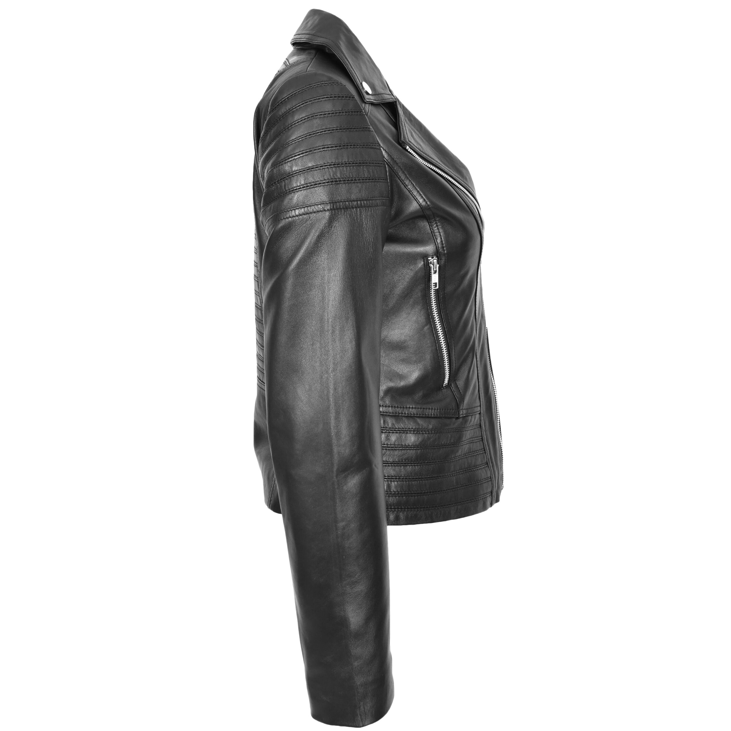 BUNERI Veste Biker Femme Vraie Cuir Tendance Ajustee Casual Noire – Image 3