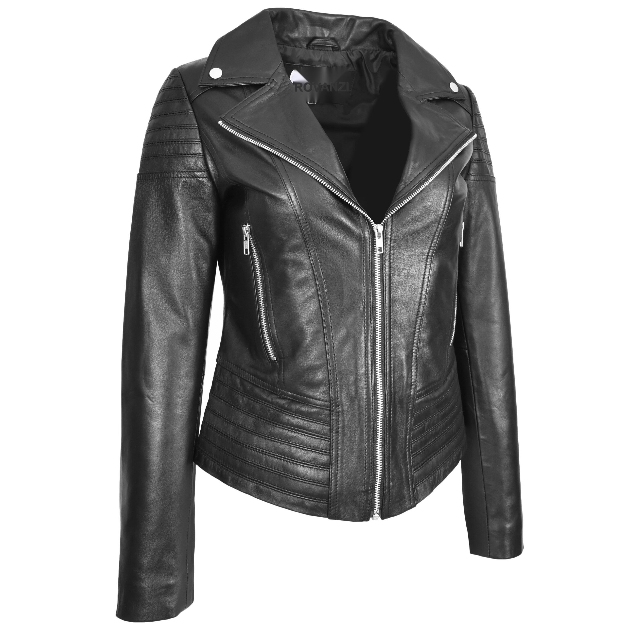BUNERI Veste Biker Femme Vraie Cuir Tendance Ajustee Casual Noire – Image 4