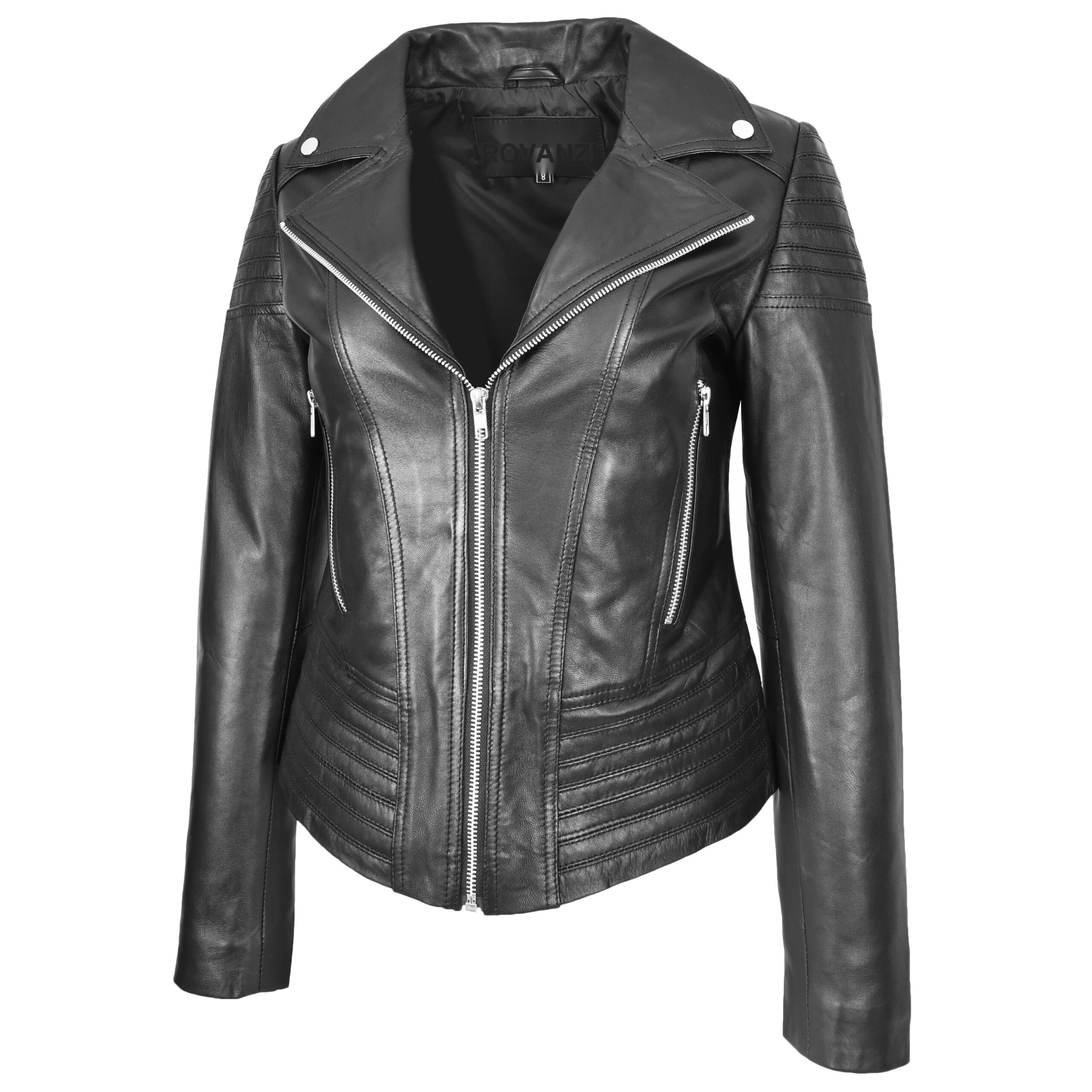 BUNERI Veste Biker Femme Vraie Cuir Tendance Ajustee Casual Noire – Image 5