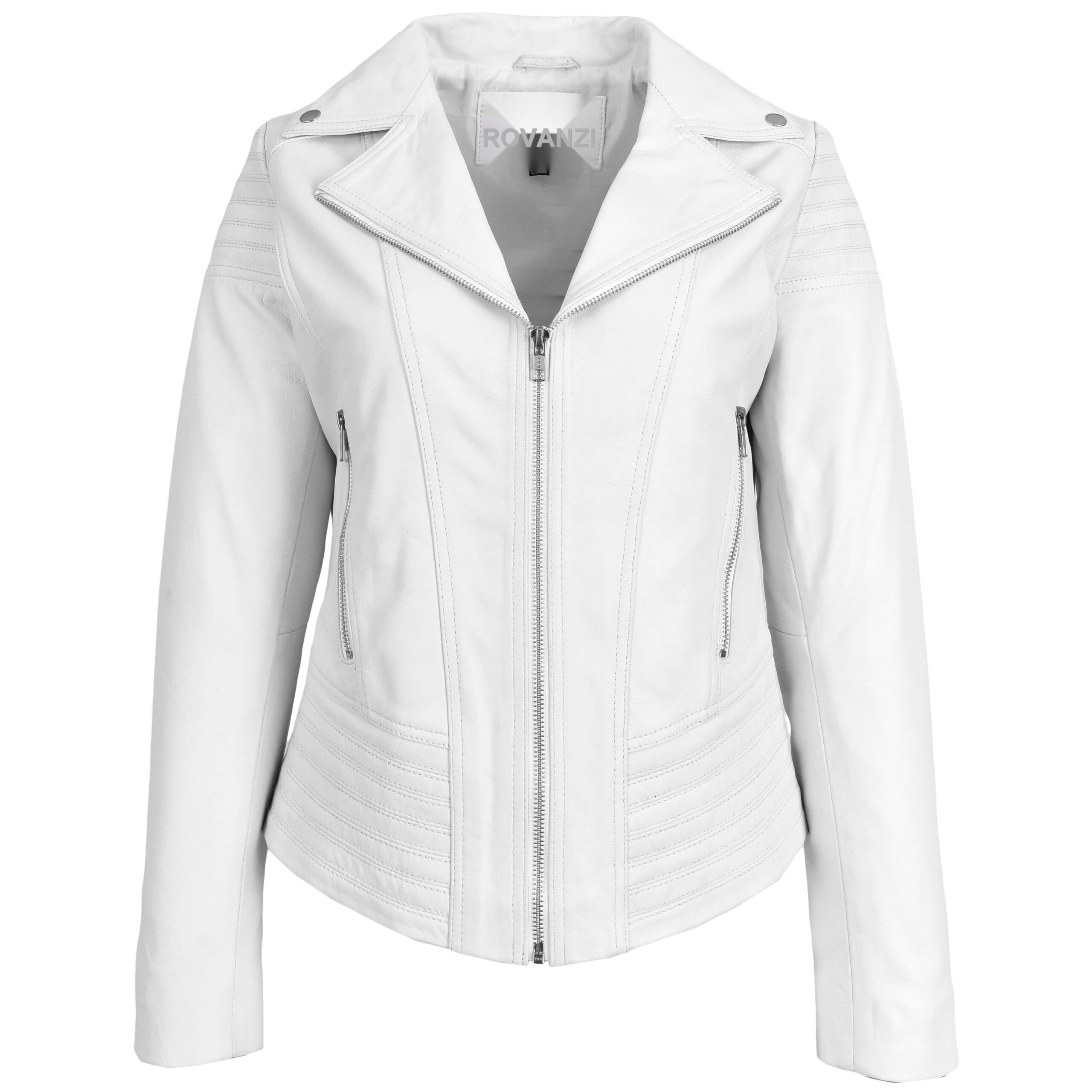 BUNERI Veste Biker en Vrai Cuir Tendance Cintre pour Femme Blanc