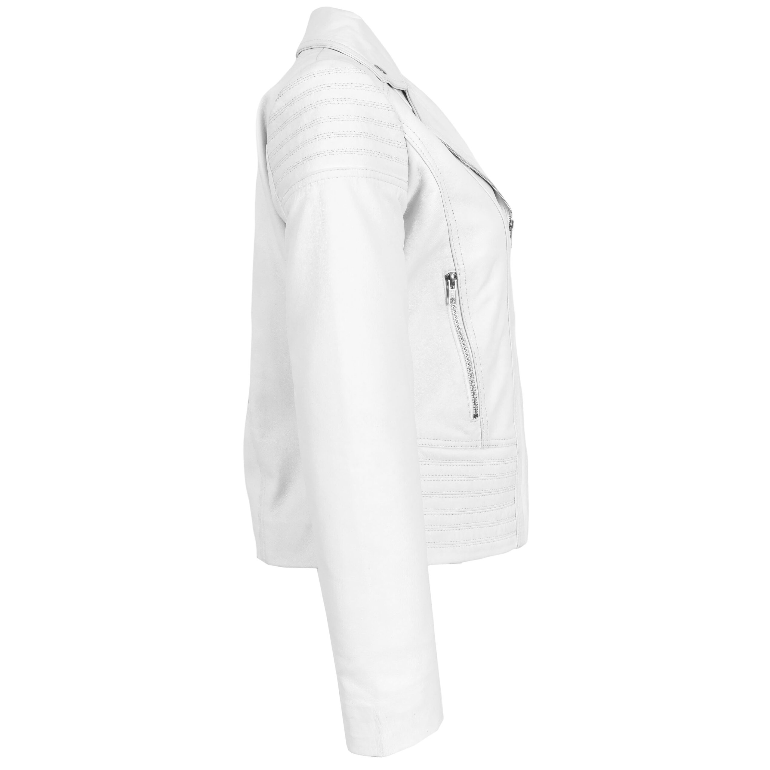 BUNERI Veste Biker en Vrai Cuir Tendance Cintre pour Femme Blanc – Image 3