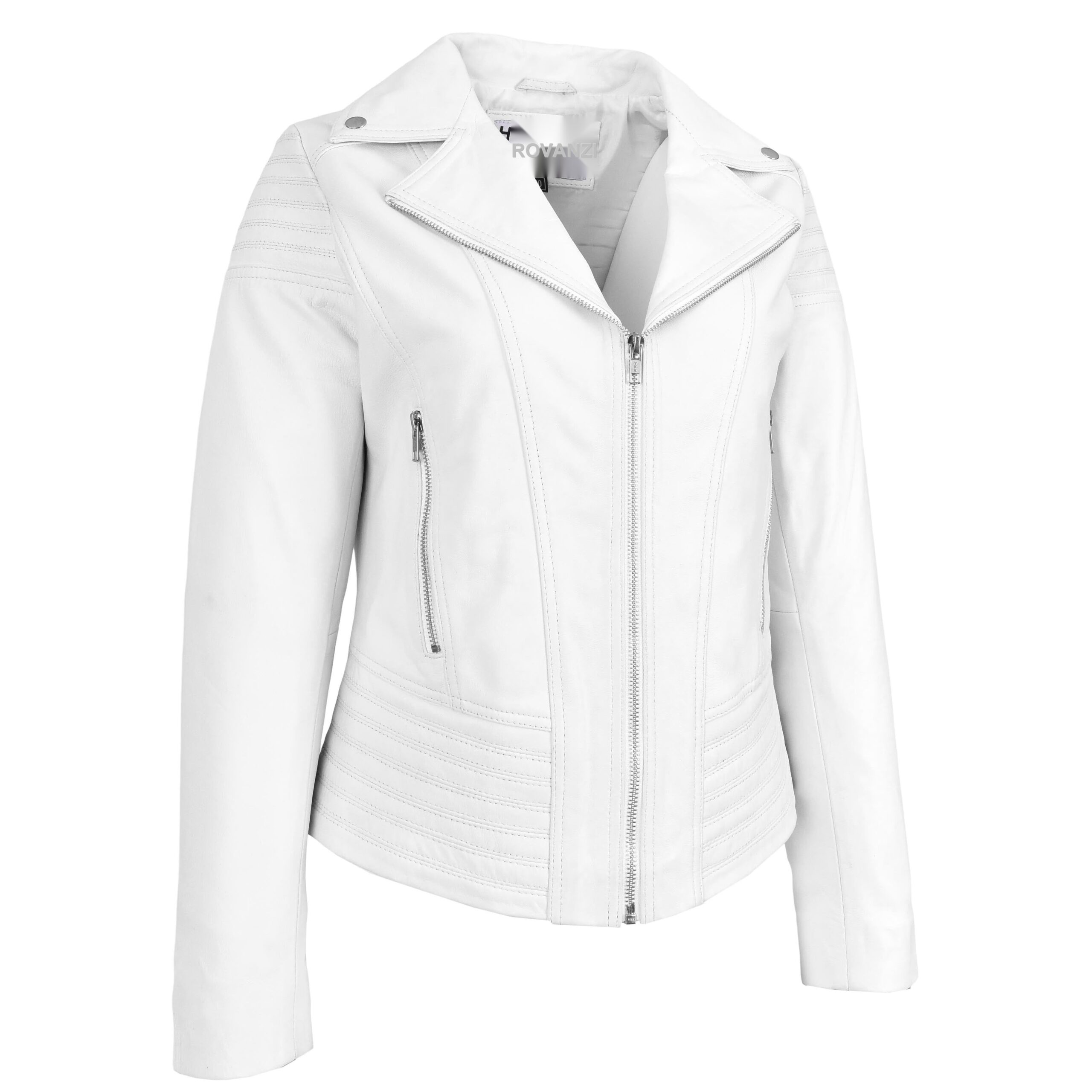BUNERI Veste Biker en Vrai Cuir Tendance Cintre pour Femme Blanc – Image 4