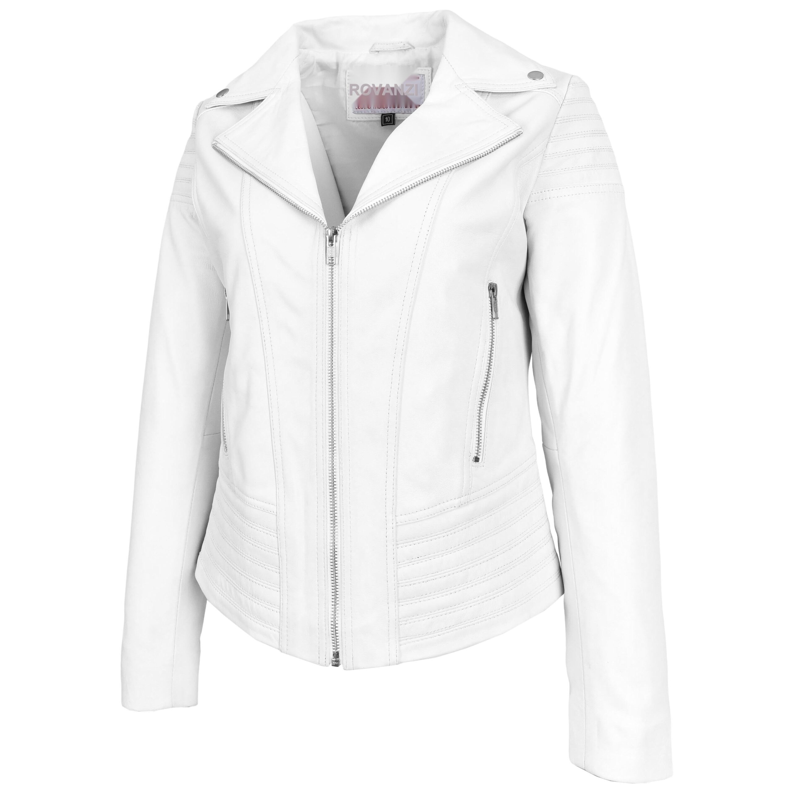 BUNERI Veste Biker en Vrai Cuir Tendance Cintre pour Femme Blanc – Image 5