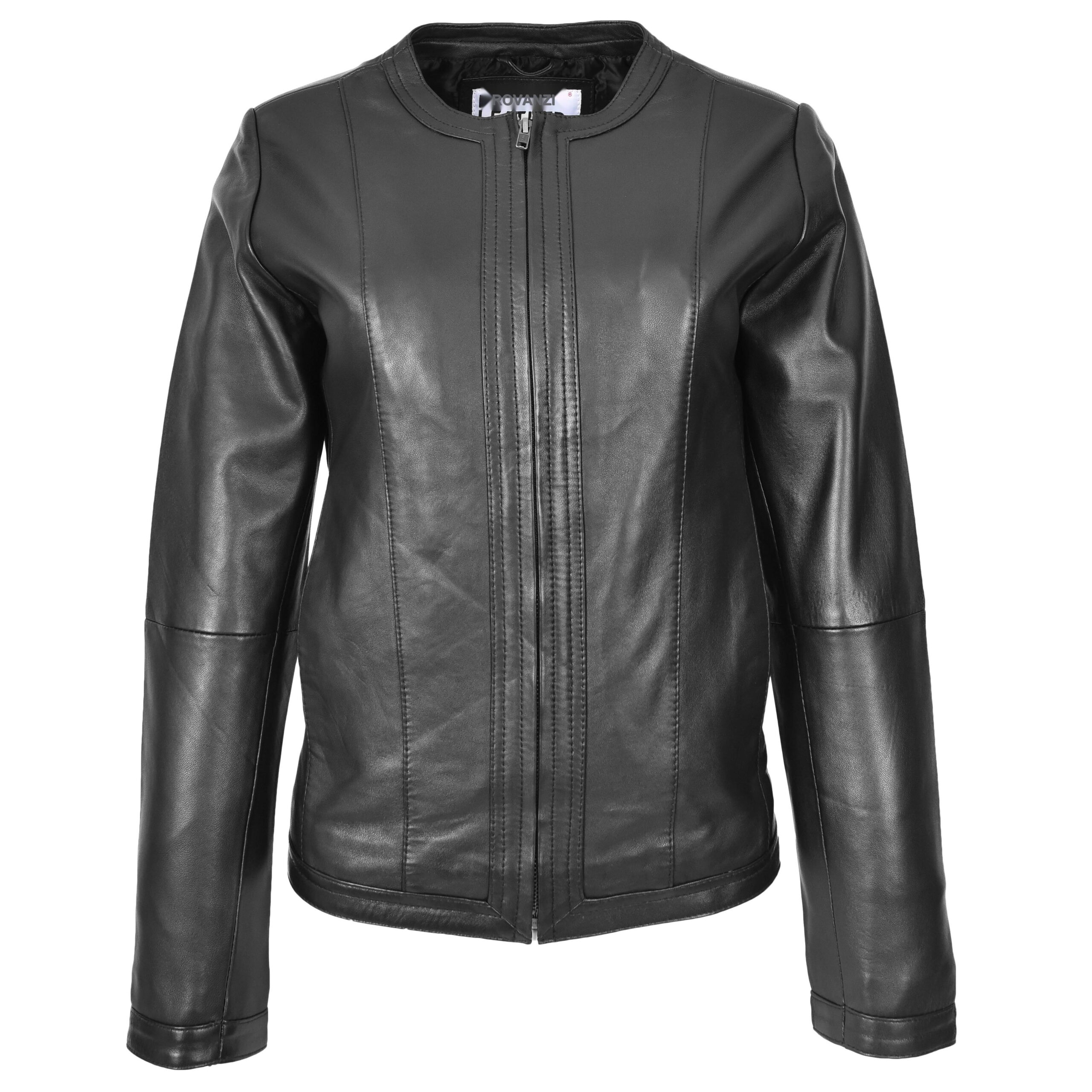 BUNERI Veste en Cuir sans Col pour Femme Slim Fit Noir – Image 2