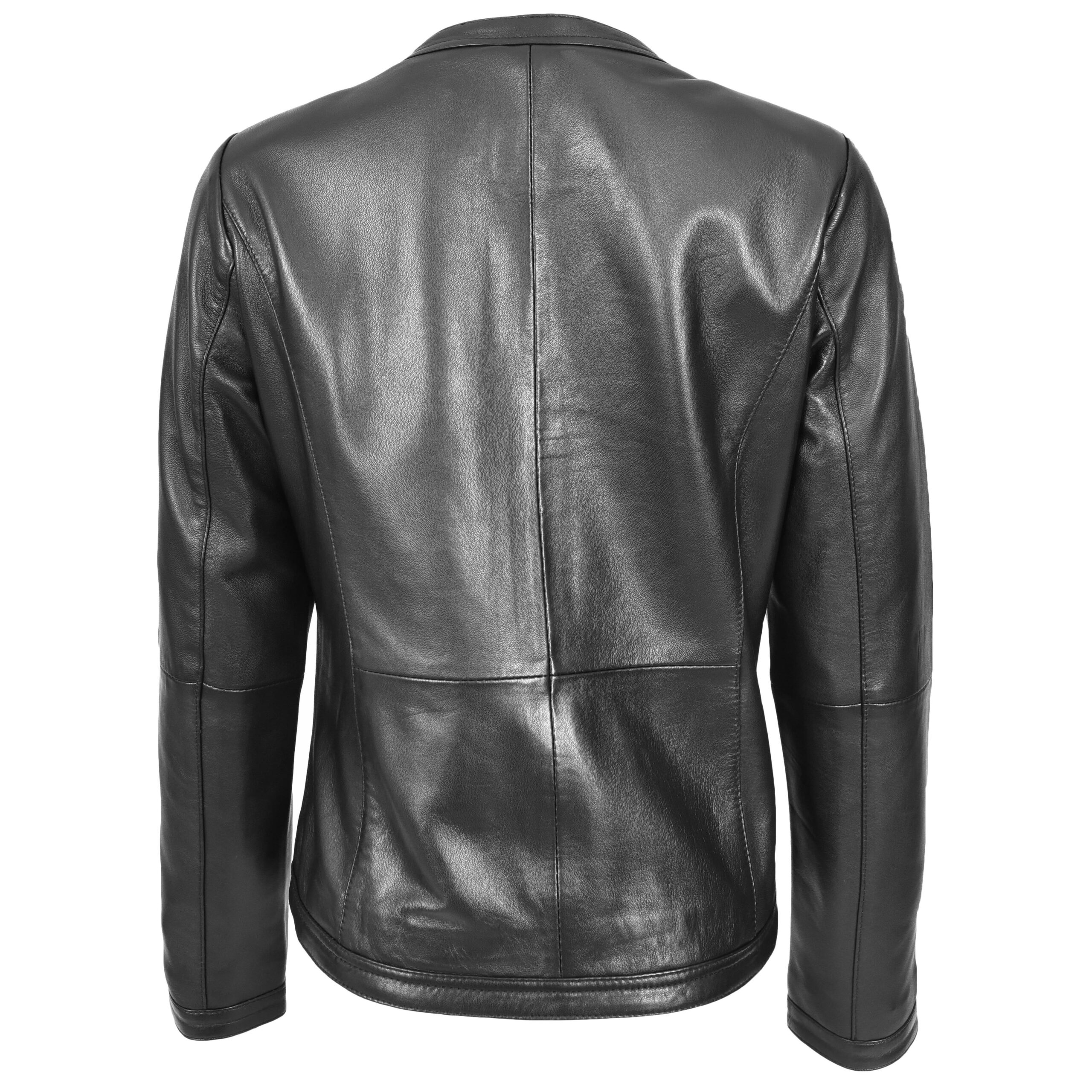 BUNERI Veste en Cuir sans Col pour Femme Slim Fit Noir – Image 3
