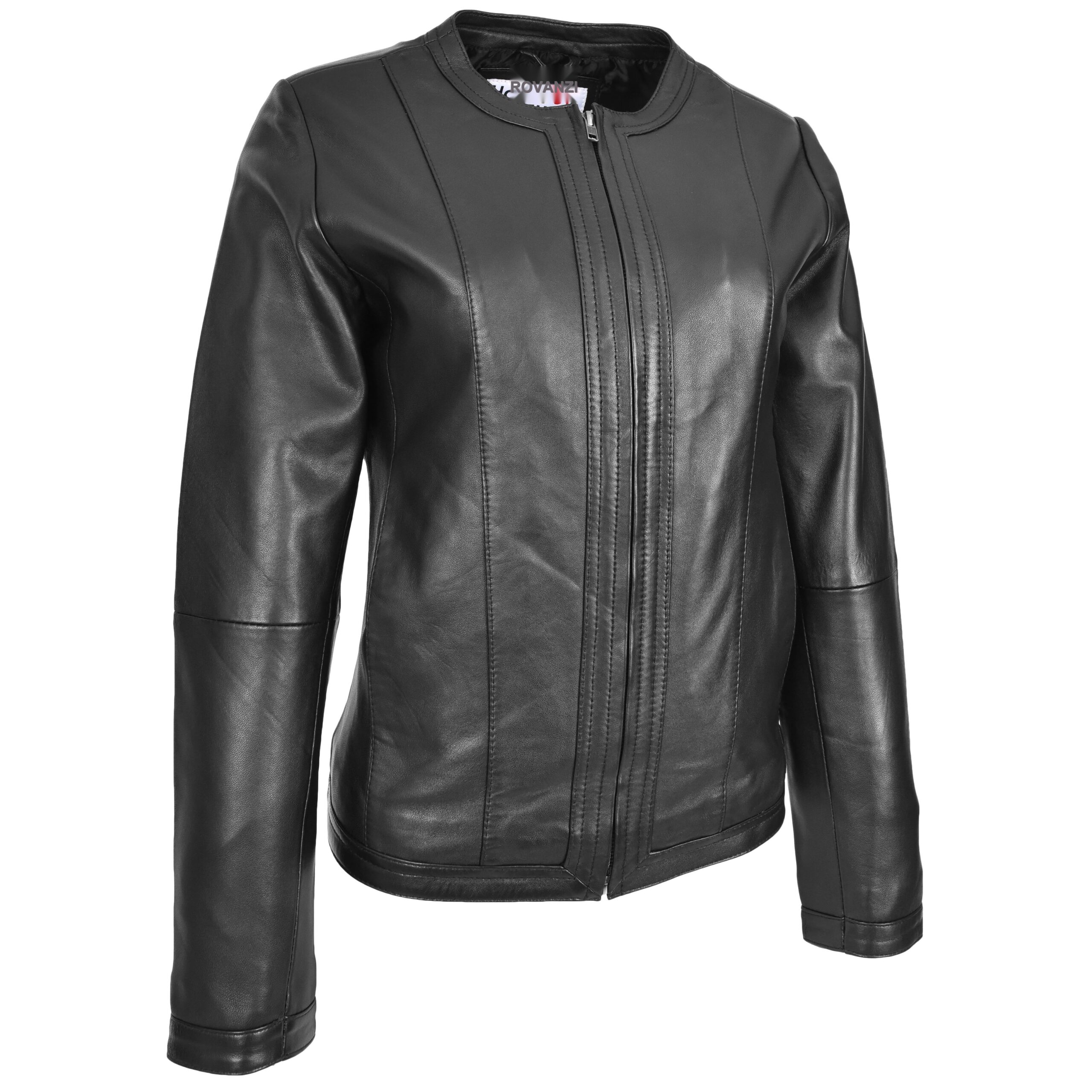 BUNERI Veste en Cuir sans Col pour Femme Slim Fit Noir – Image 4