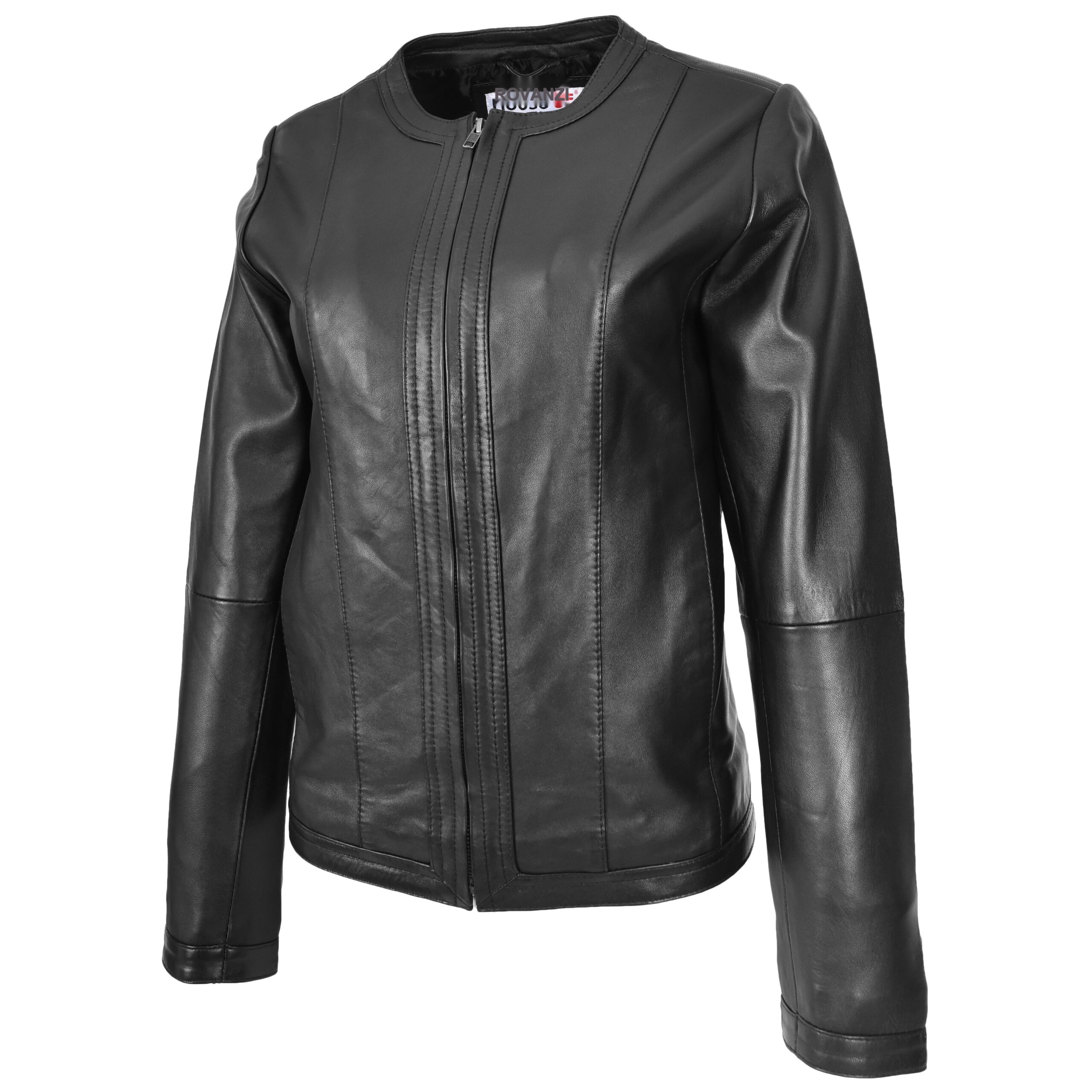 BUNERI Veste en Cuir sans Col pour Femme Slim Fit Noir – Image 5