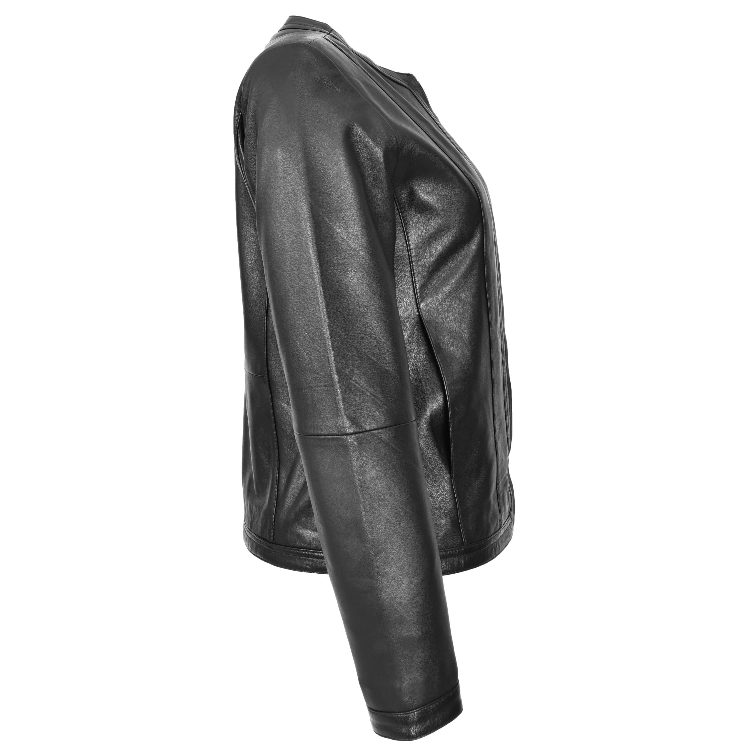 BUNERI Veste en Cuir sans Col pour Femme Slim Fit Noir – Image 6