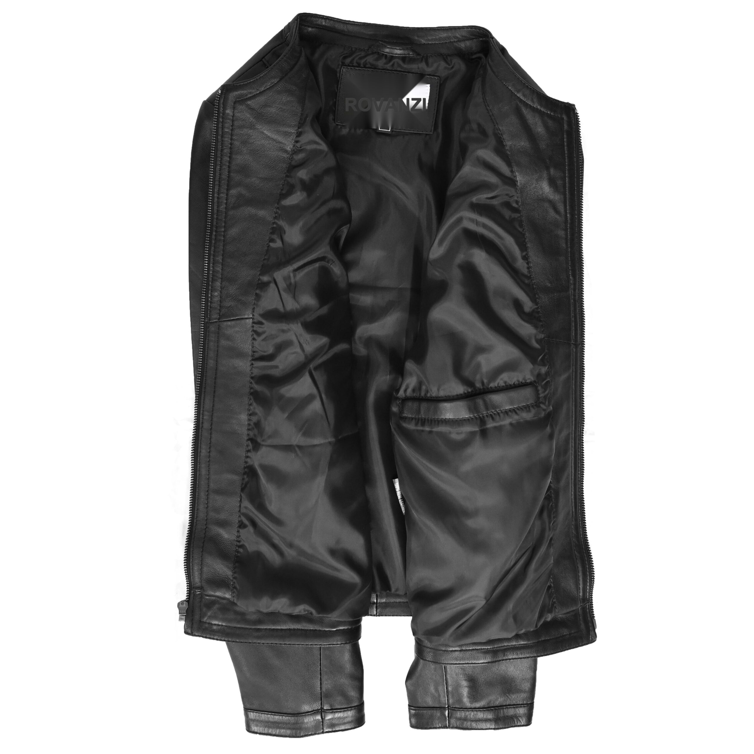 BUNERI Veste en Cuir sans Col pour Femme Slim Fit Noir – Image 7