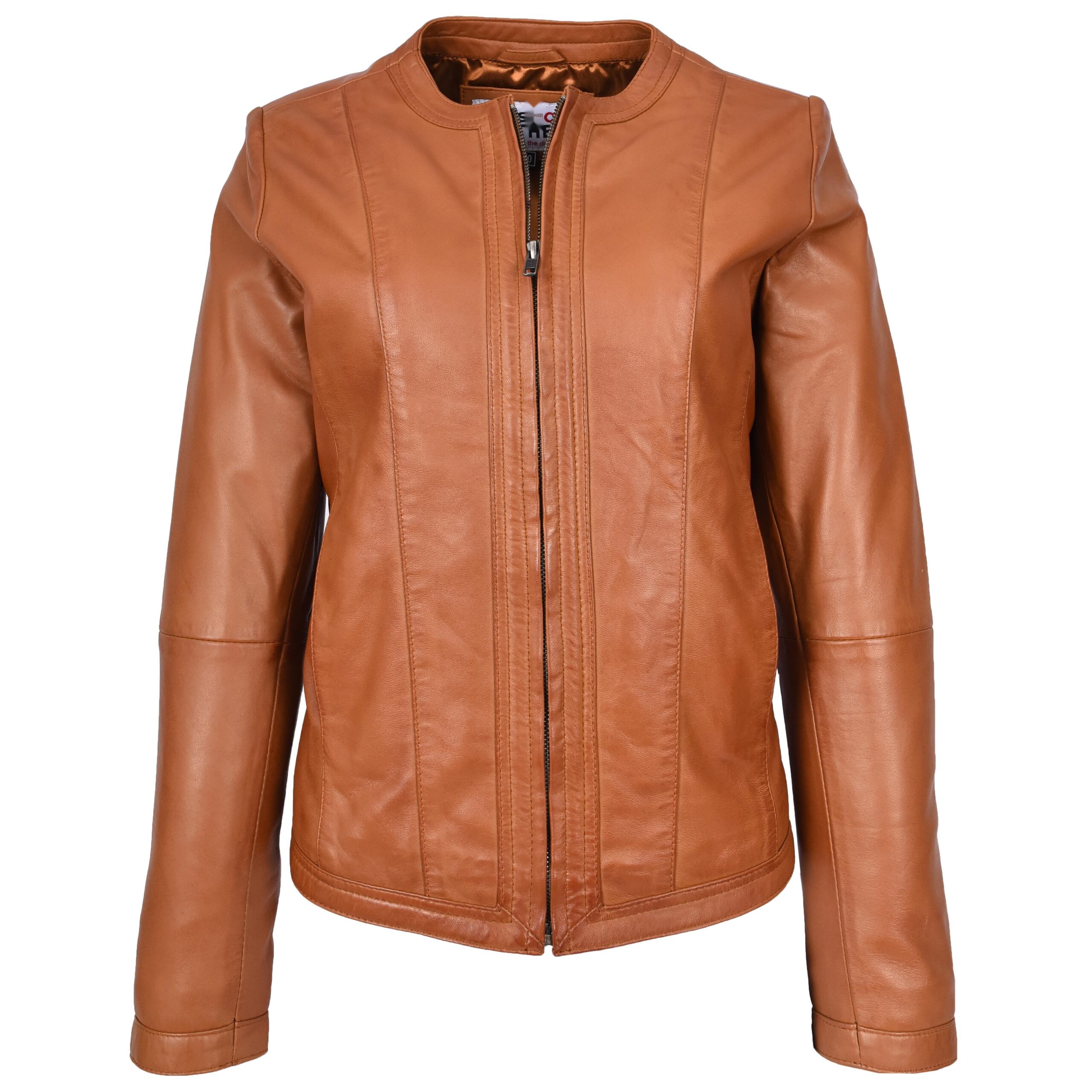 BUNERI Veste en Cuir Tan pour Femme Slim Fit sans Col